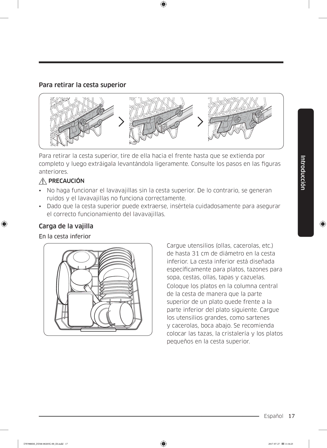 Samsung DW60M9550FW/EC, DW60M9550FS/EC manual Para retirar la cesta superior, Carga de la vajilla 