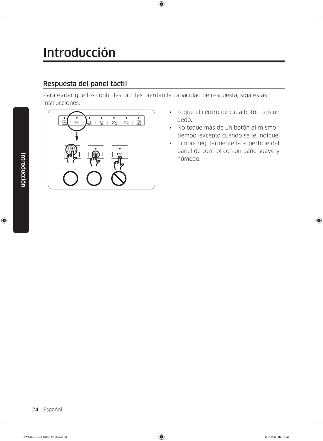 Samsung DW60M9550FS/EC, DW60M9550FW/EC manual Respuesta del panel táctil 