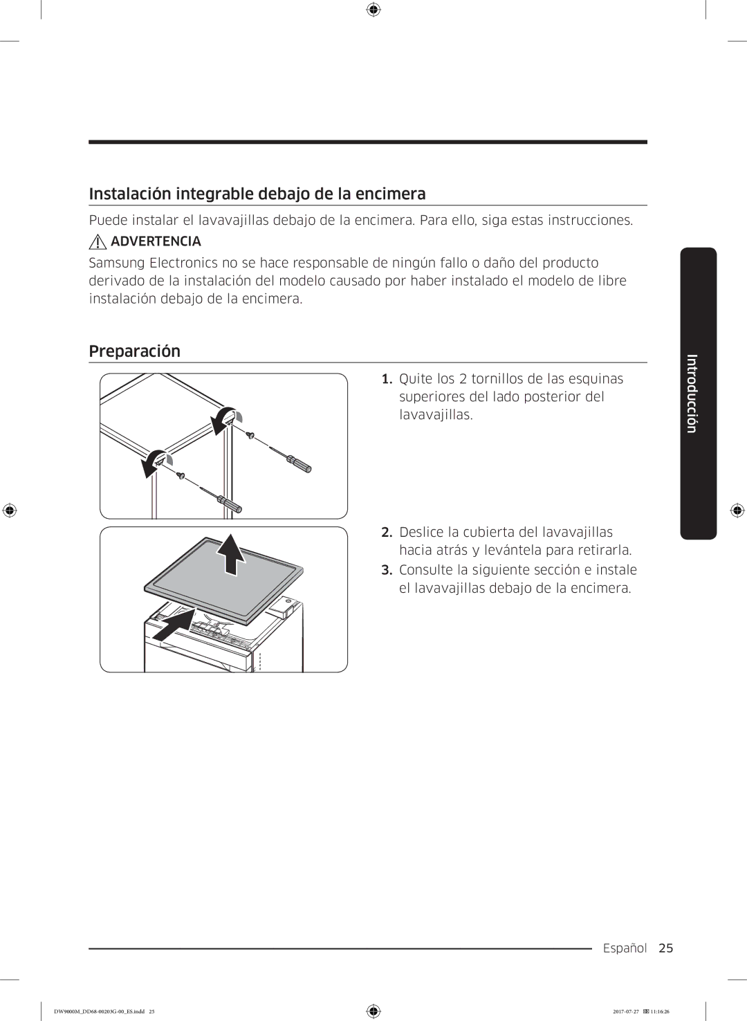 Samsung DW60M9550FW/EC, DW60M9550FS/EC manual Instalación integrable debajo de la encimera, Preparación 