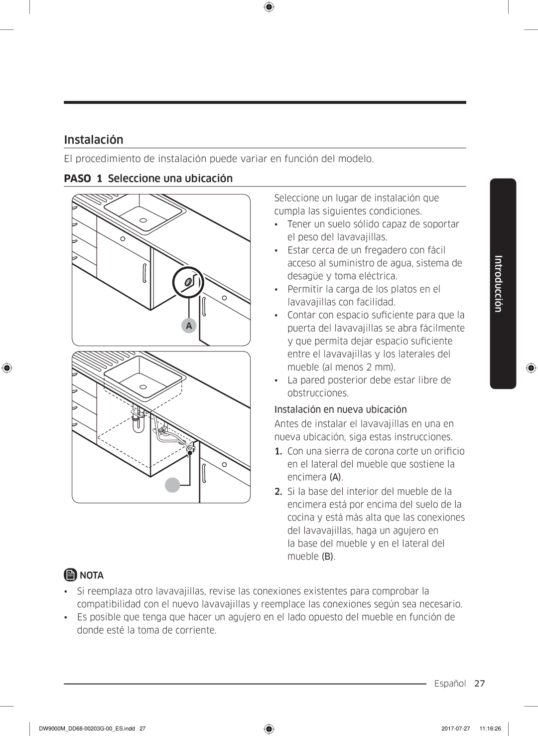 Samsung DW60M9550FW/EC, DW60M9550FS/EC manual Instalación, Paso 1 Seleccione una ubicación 