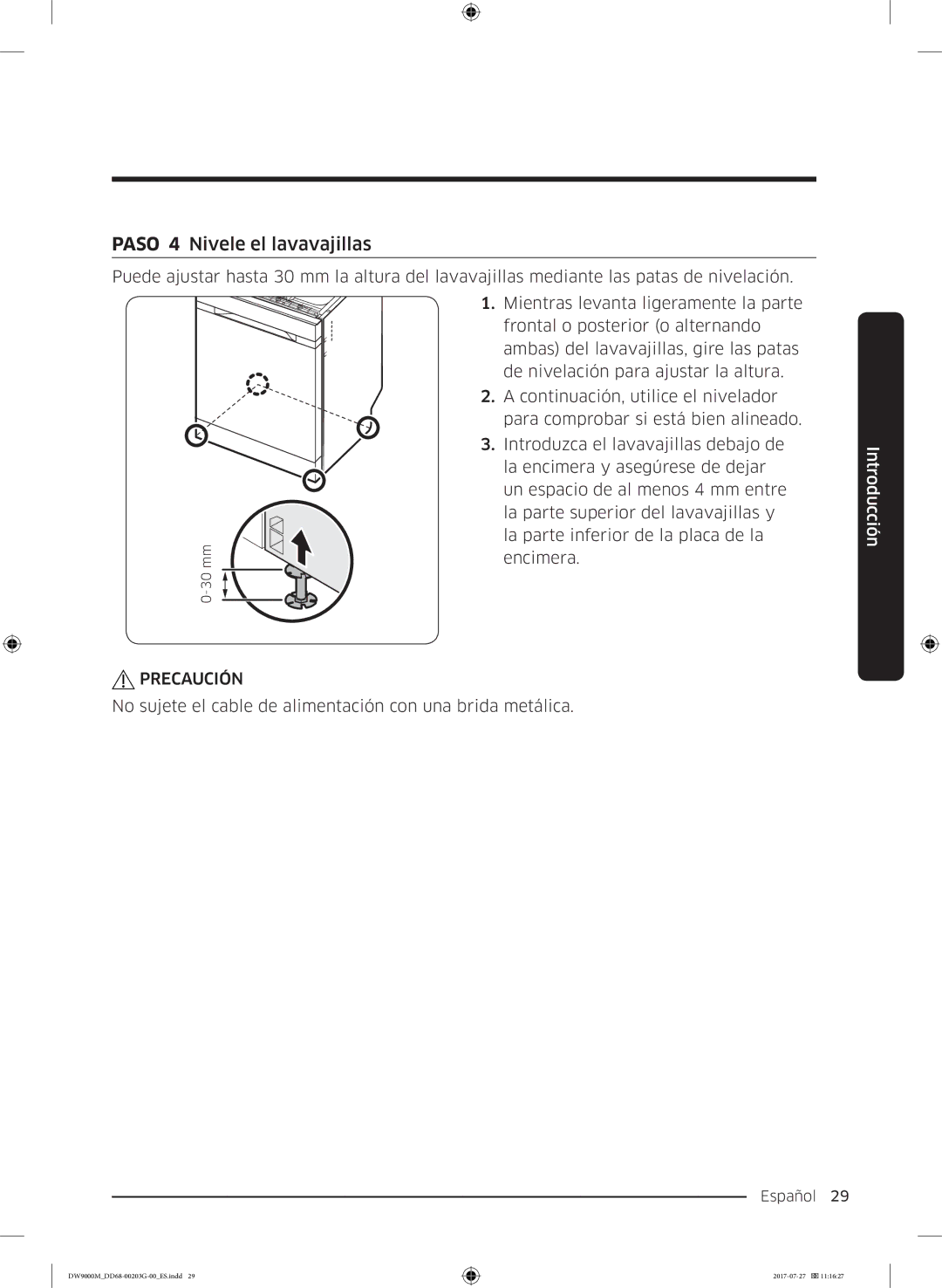 Samsung DW60M9550FW/EC, DW60M9550FS/EC manual Paso 4 Nivele el lavavajillas 