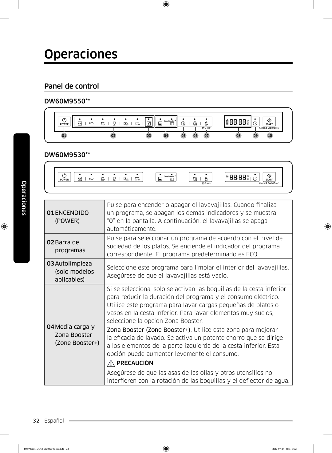 Samsung DW60M9550FS/EC, DW60M9550FW/EC manual Operaciones, Panel de control, DW60M9550 DW60M9530, Encendido, Power 