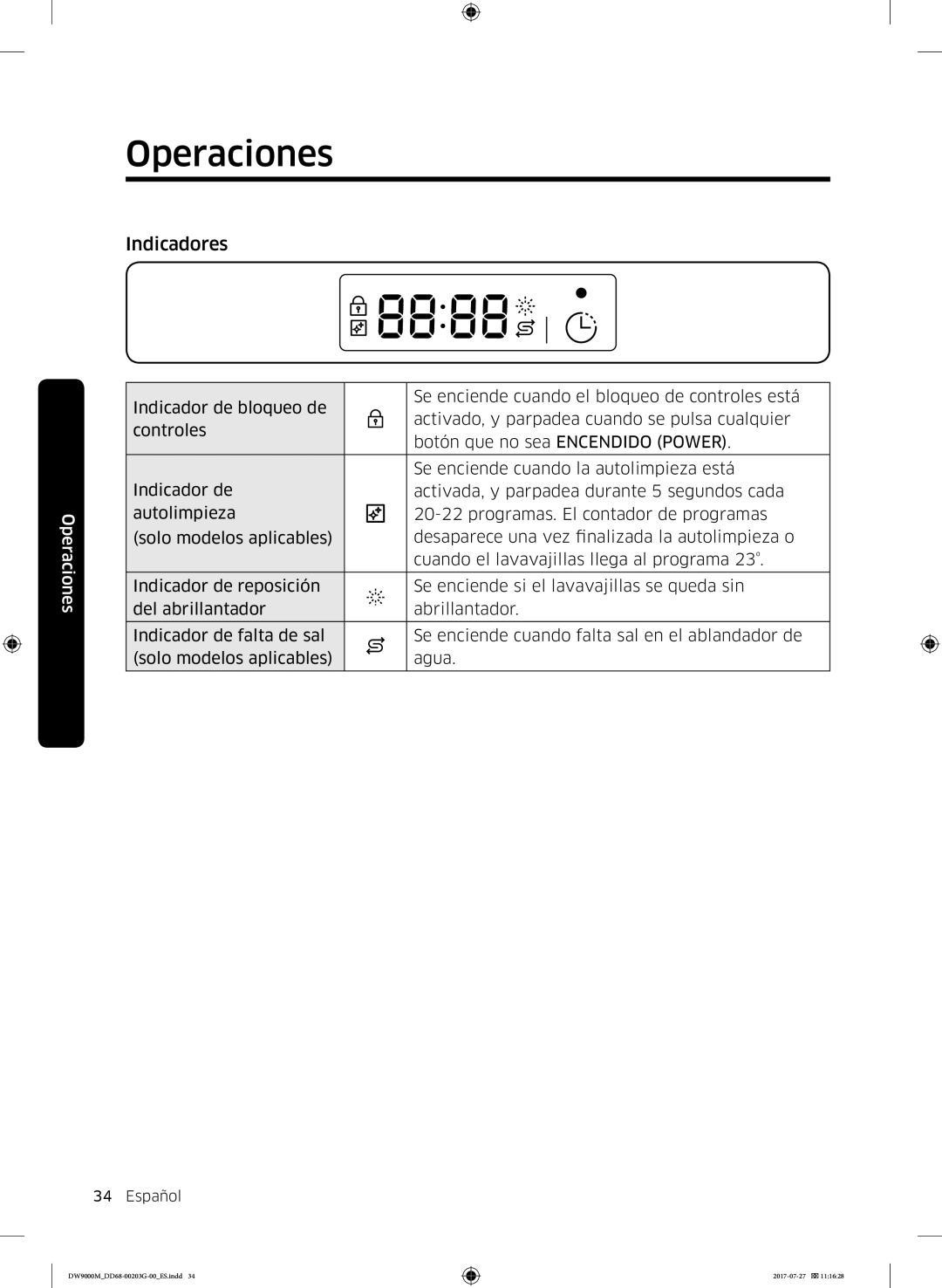 Samsung DW60M9550FS/EC, DW60M9550FW/EC manual Indicadores 