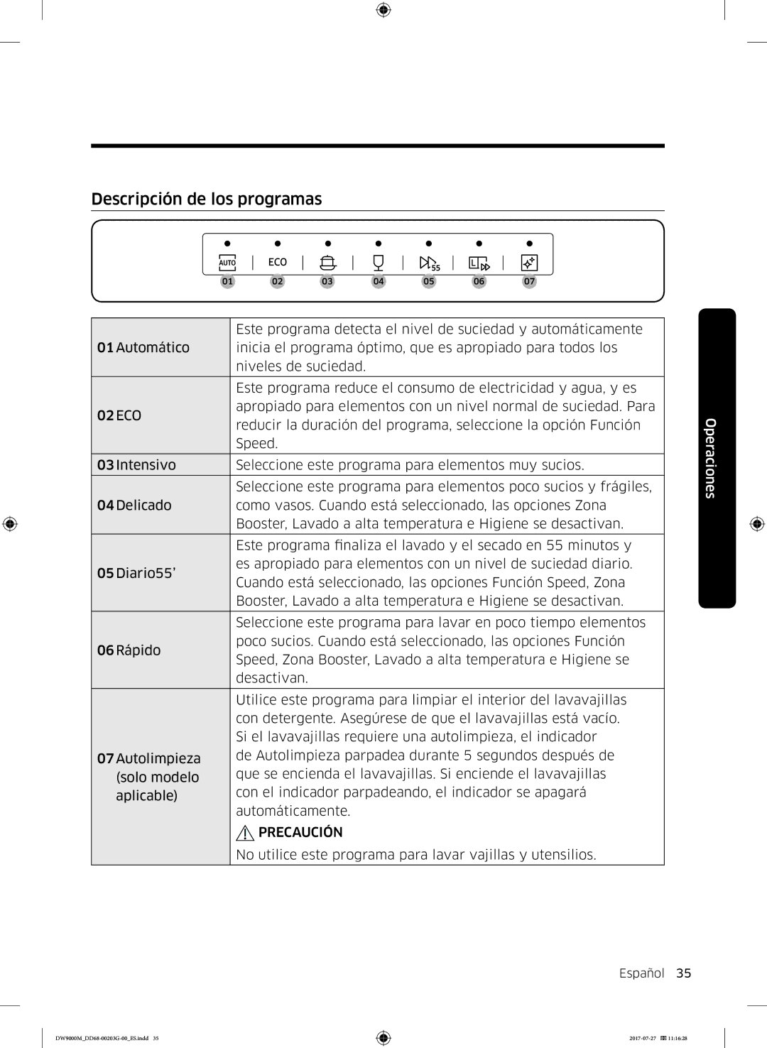 Samsung DW60M9550FW/EC, DW60M9550FS/EC manual Descripción de los programas, Precaución 