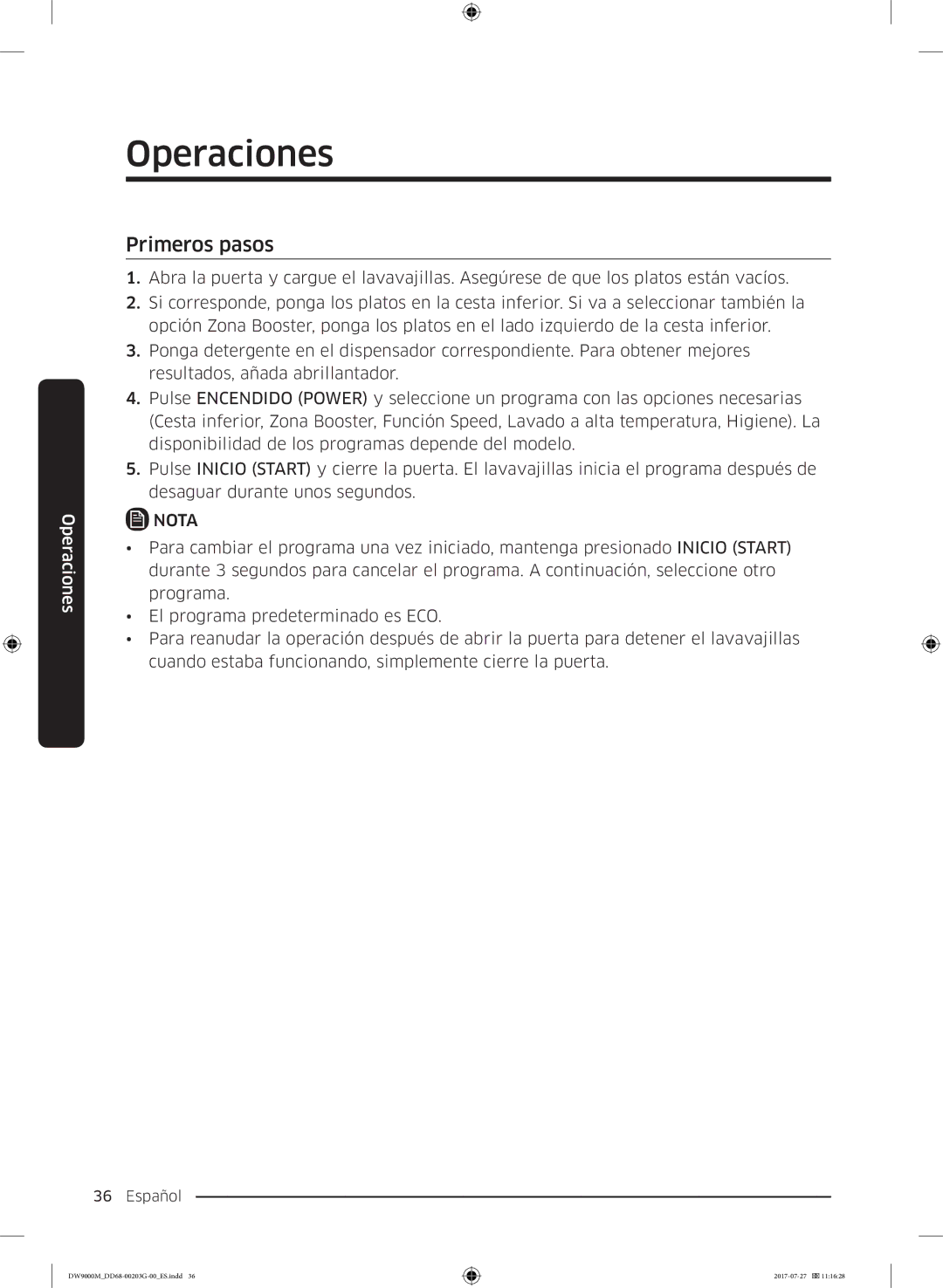 Samsung DW60M9550FS/EC, DW60M9550FW/EC manual Primeros pasos, Nota 