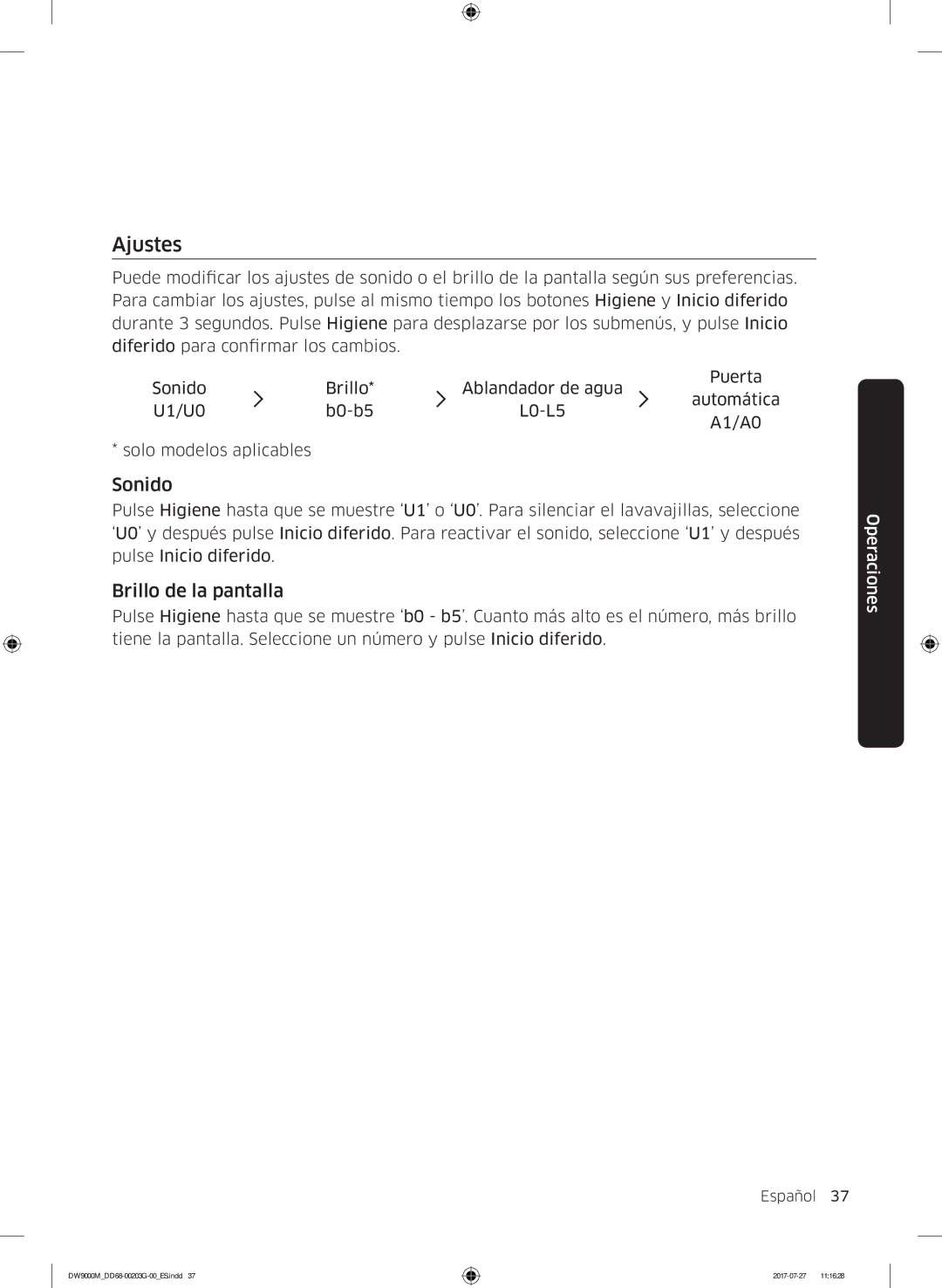 Samsung DW60M9550FW/EC, DW60M9550FS/EC manual Ajustes, Sonido, Brillo de la pantalla 