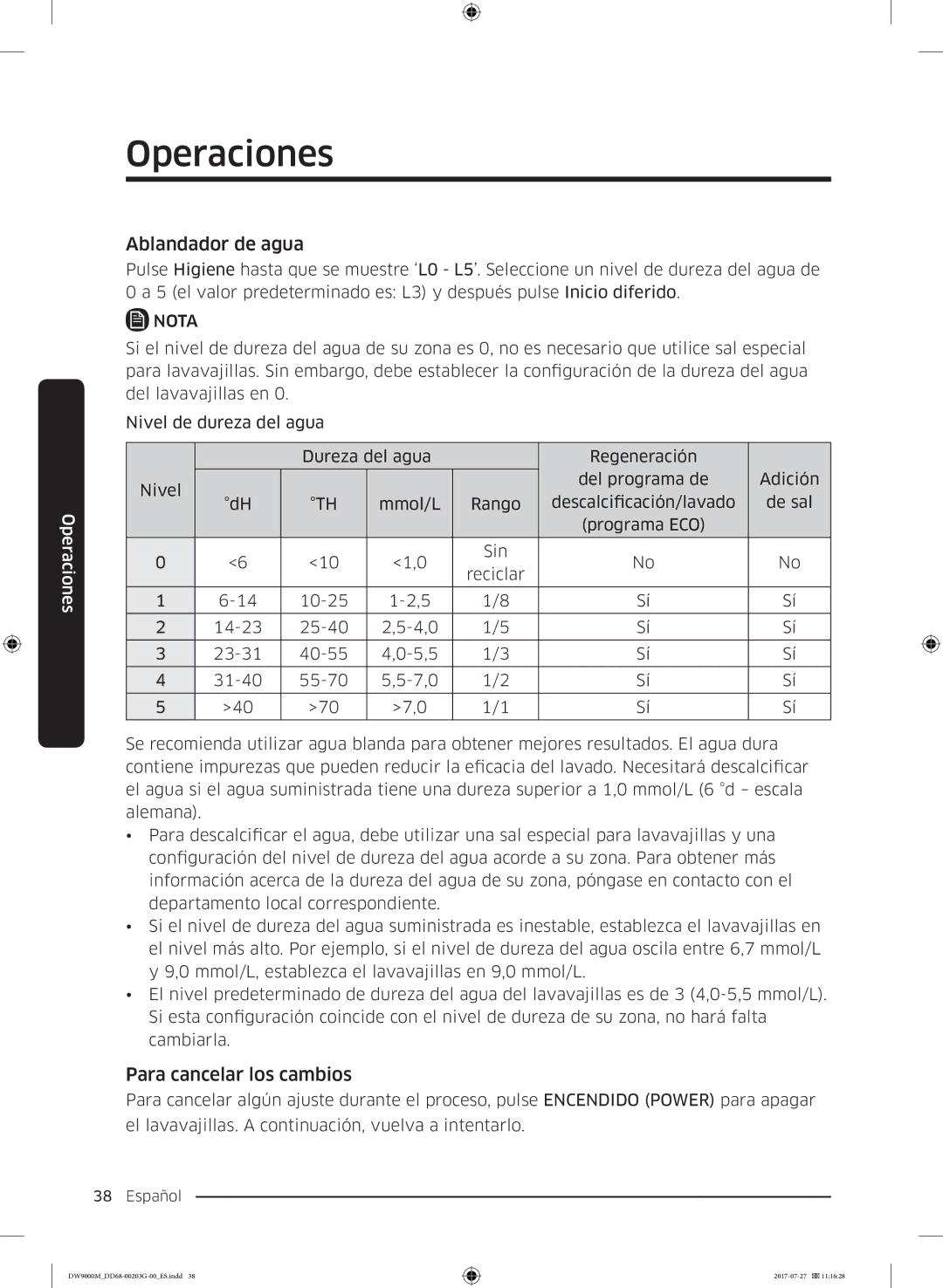 Samsung DW60M9550FS/EC, DW60M9550FW/EC manual Ablandador de agua, Para cancelar los cambios 