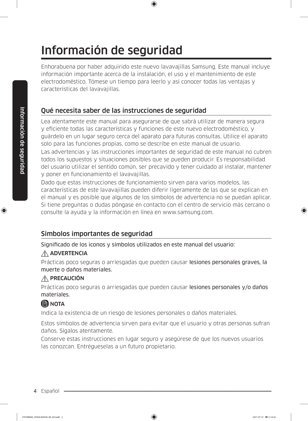 Samsung DW60M9550FS/EC, DW60M9550FW/EC manual Información de seguridad, Qué necesita saber de las instrucciones de seguridad 