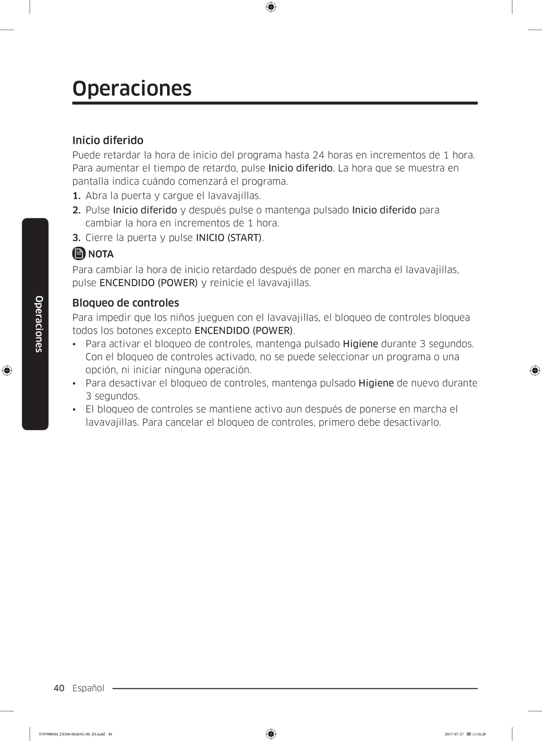 Samsung DW60M9550FS/EC, DW60M9550FW/EC manual Inicio diferido, Bloqueo de controles 