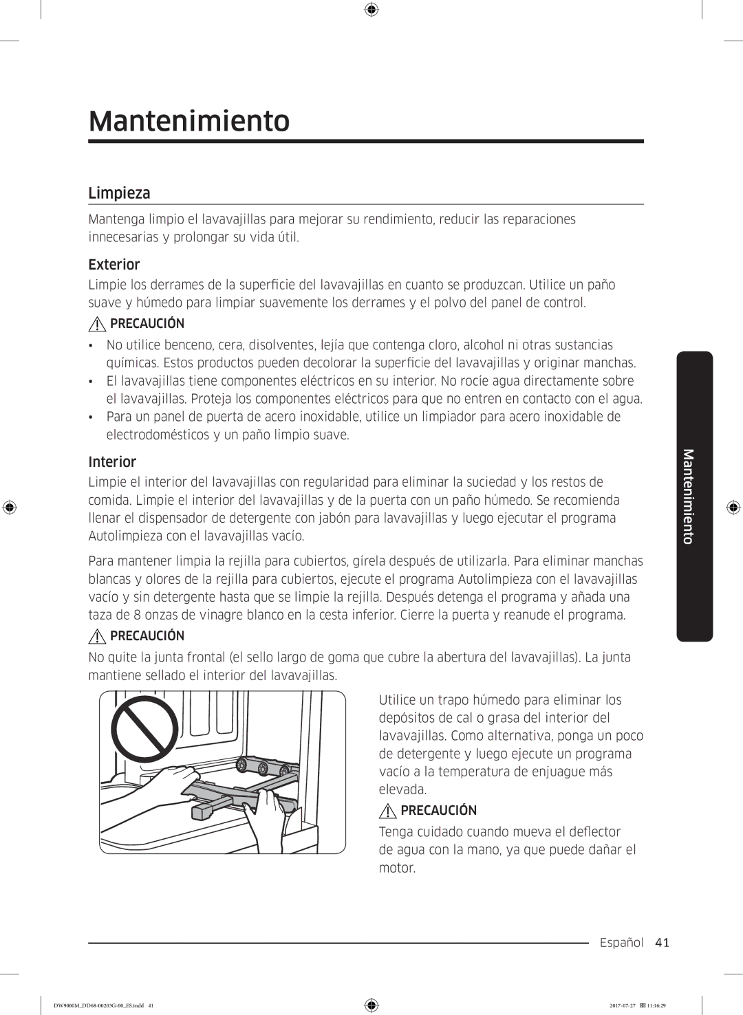 Samsung DW60M9550FW/EC, DW60M9550FS/EC manual Mantenimiento, Limpieza, Exterior, Interior 