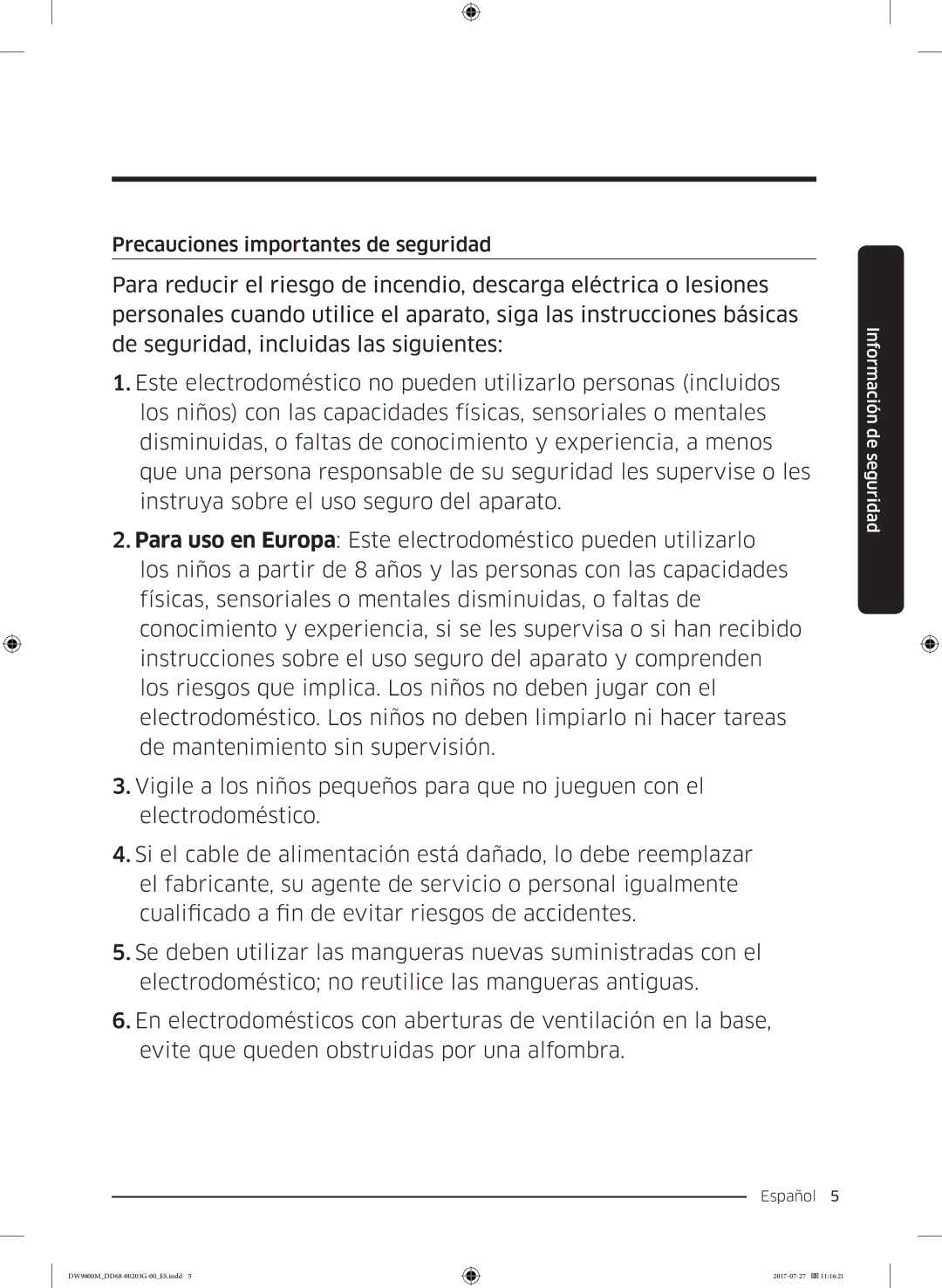 Samsung DW60M9550FW/EC, DW60M9550FS/EC manual Precauciones importantes de seguridad 