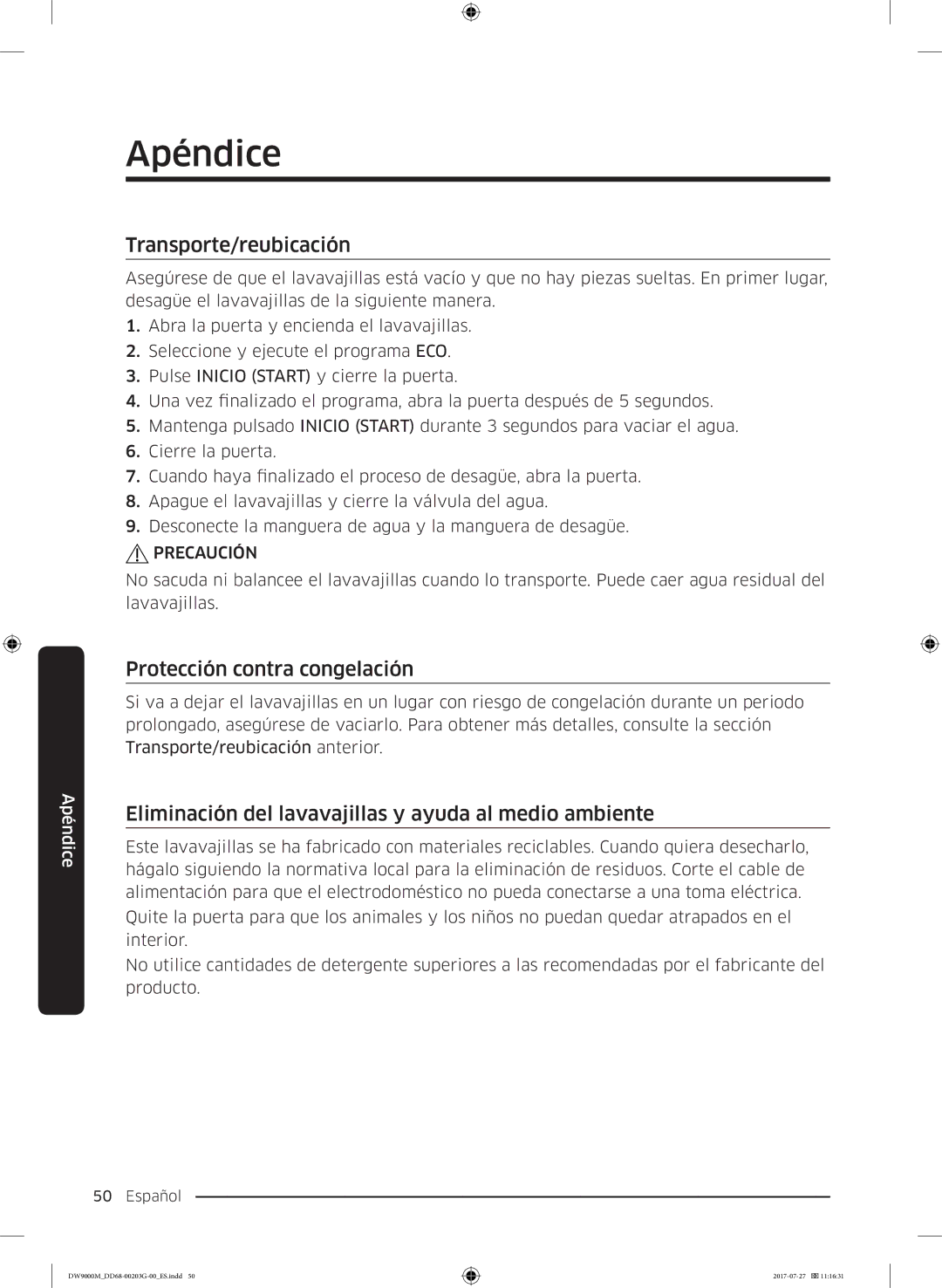 Samsung DW60M9550FS/EC, DW60M9550FW/EC manual Apéndice, Transporte/reubicación, Protección contra congelación 