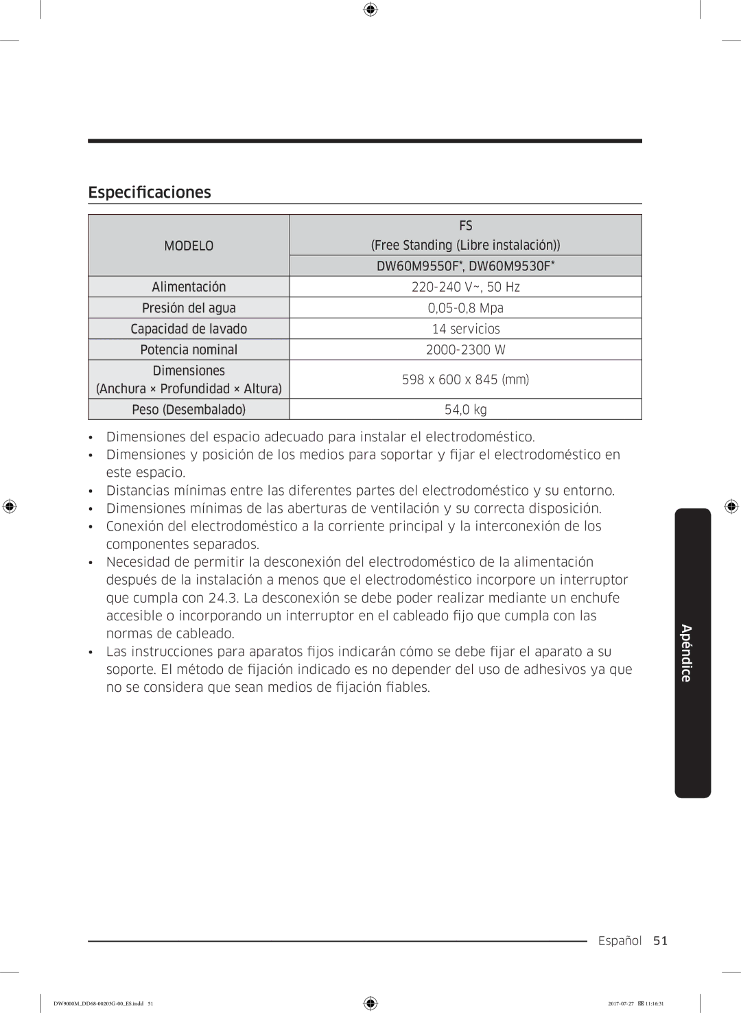 Samsung DW60M9550FW/EC, DW60M9550FS/EC manual Especificaciones 