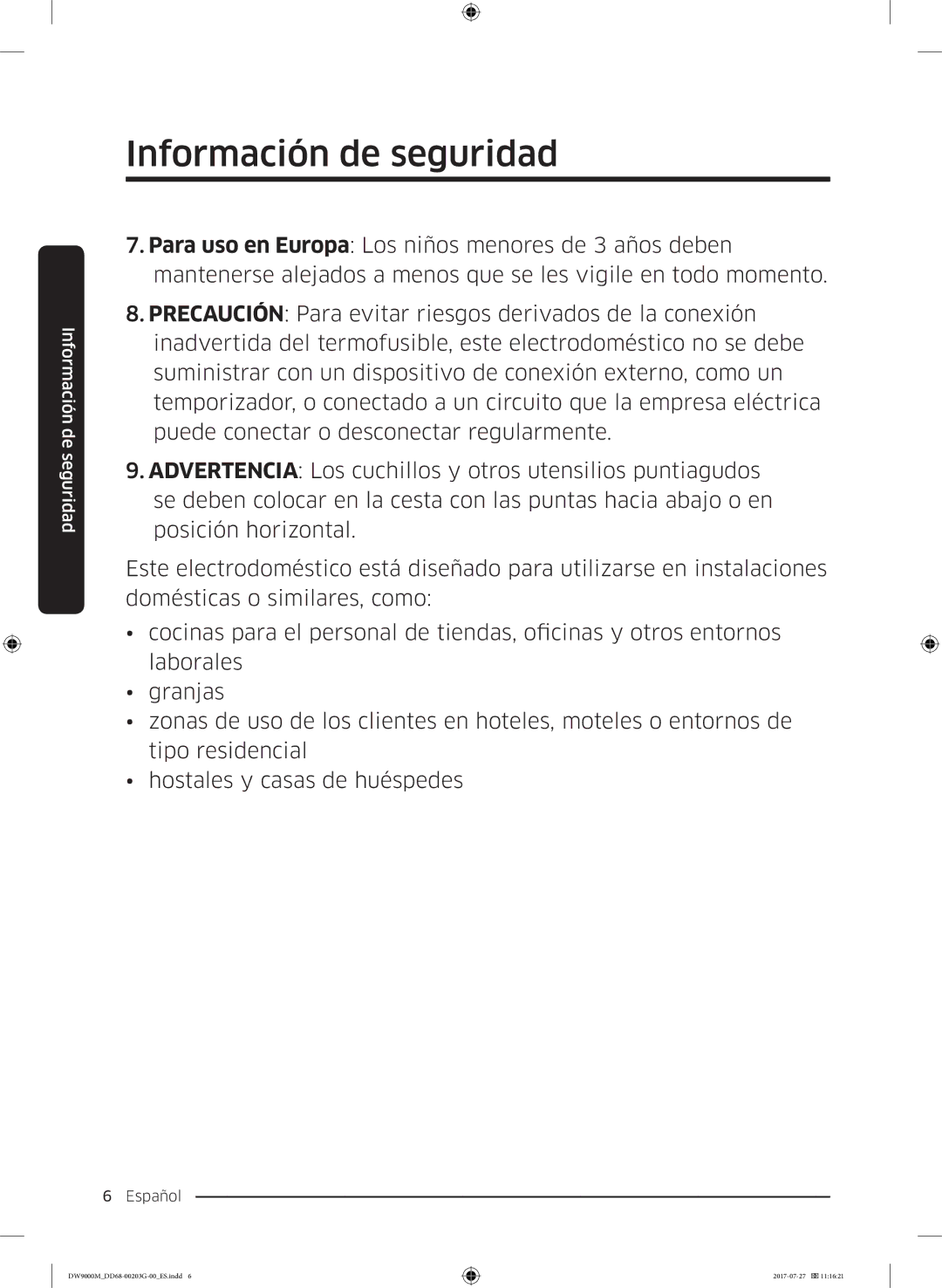 Samsung DW60M9550FS/EC, DW60M9550FW/EC manual Información de seguridad 