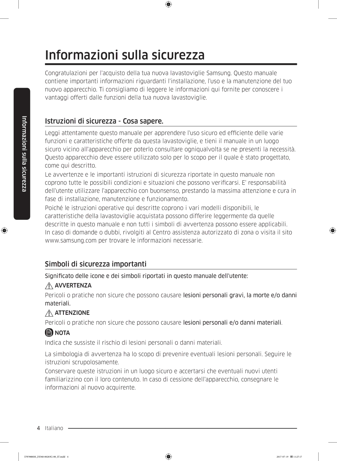 Samsung DW60M9550FS/EC Informazioni sulla sicurezza, Istruzioni di sicurezza Cosa sapere, Simboli di sicurezza importanti 