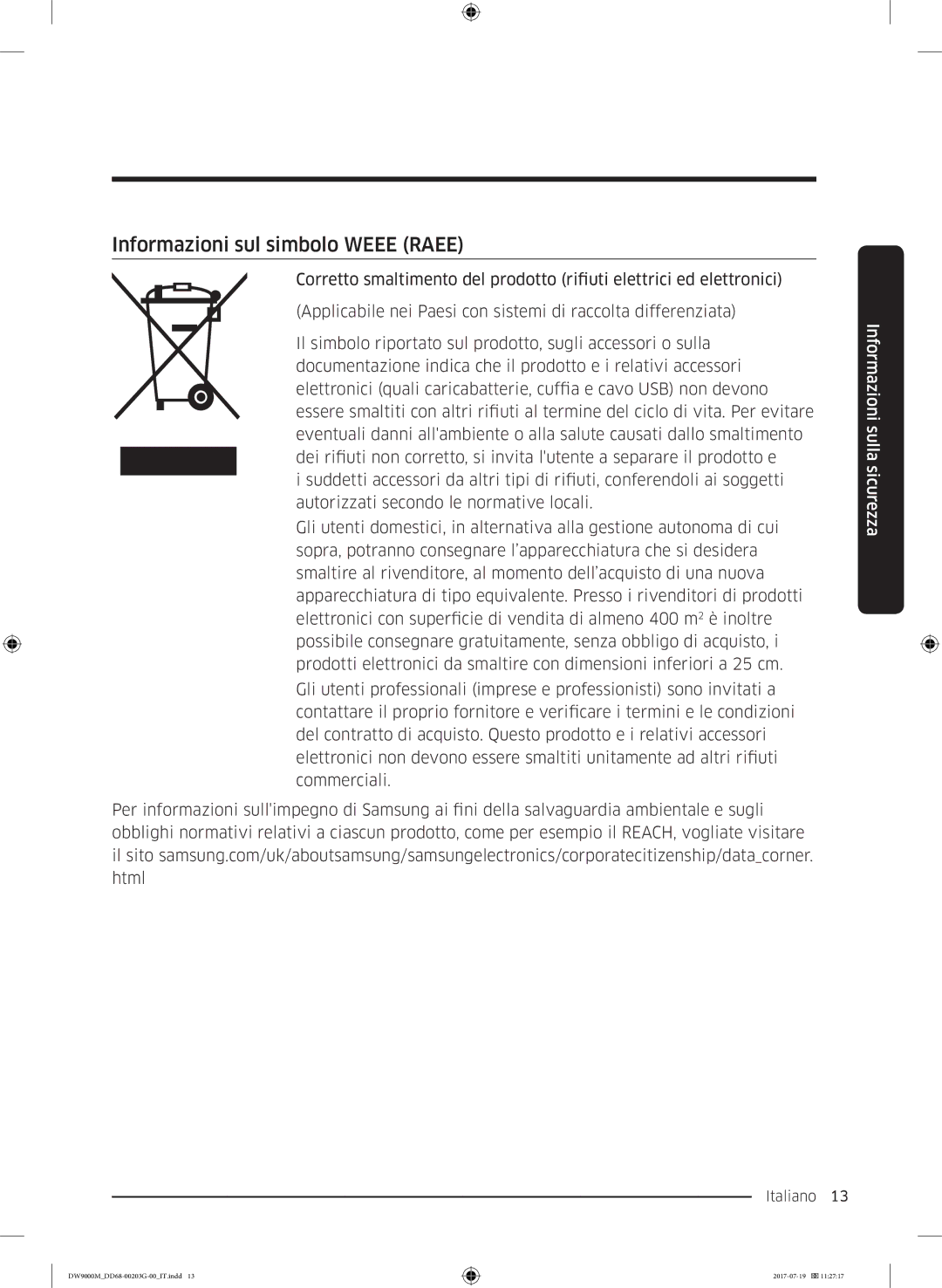 Samsung DW60M9550FW/EC, DW60M9550FS/EC manual Informazioni sul simbolo Weee Raee 