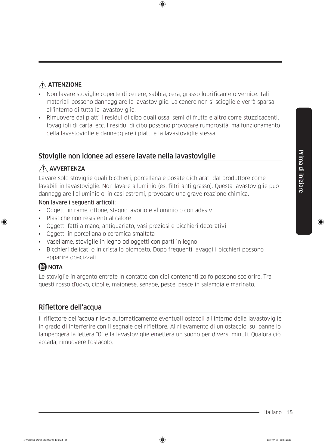 Samsung DW60M9550FW/EC, DW60M9550FS/EC Stoviglie non idonee ad essere lavate nella lavastoviglie, Riflettore dellacqua 