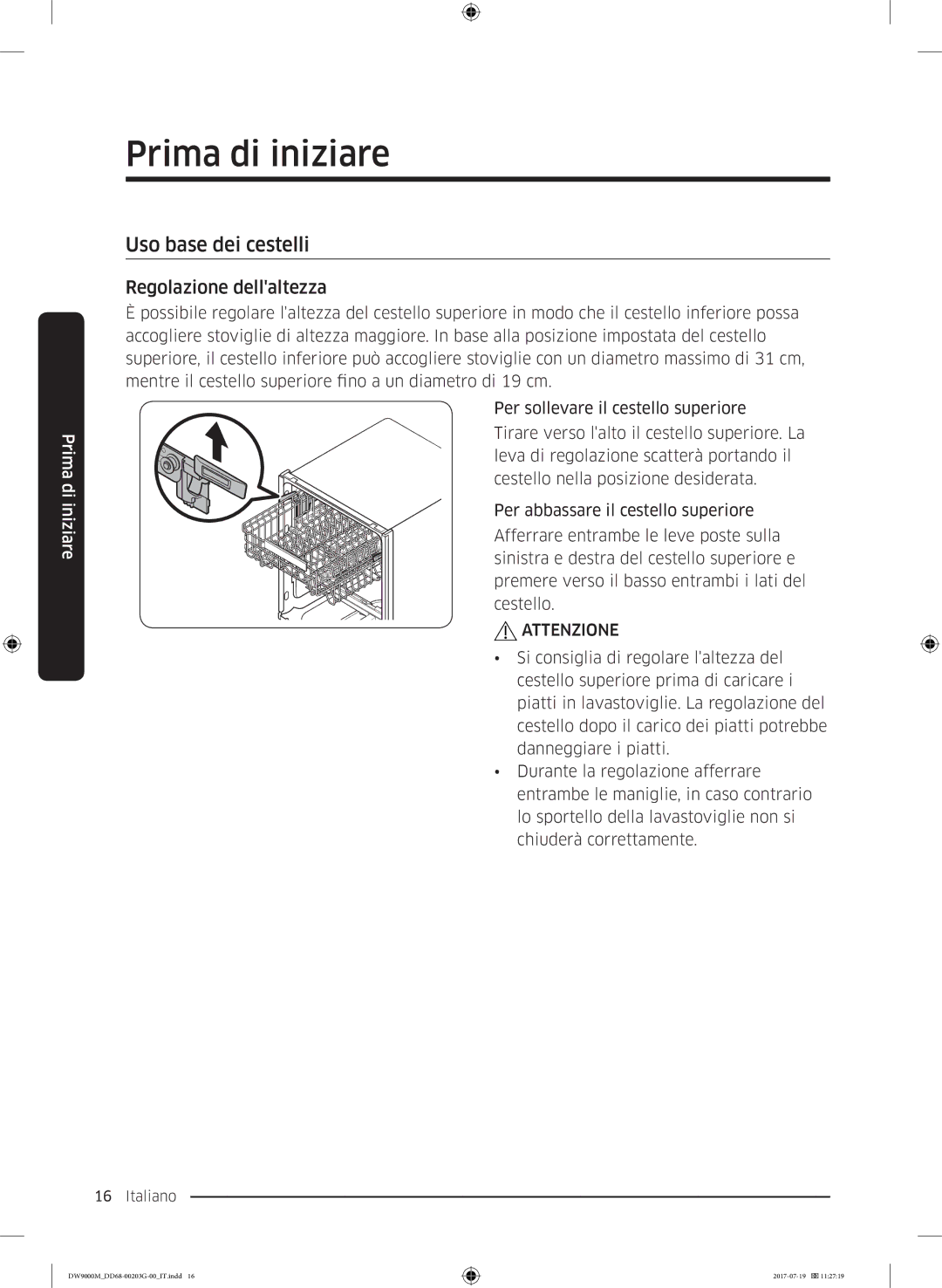 Samsung DW60M9550FS/EC, DW60M9550FW/EC manual Uso base dei cestelli, Regolazione dellaltezza 