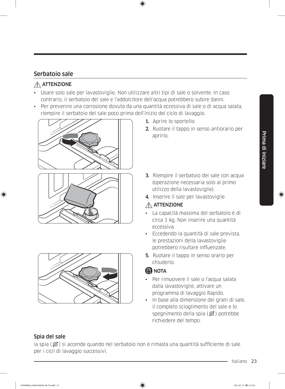 Samsung DW60M9550FW/EC, DW60M9550FS/EC manual Serbatoio sale, Spia del sale 