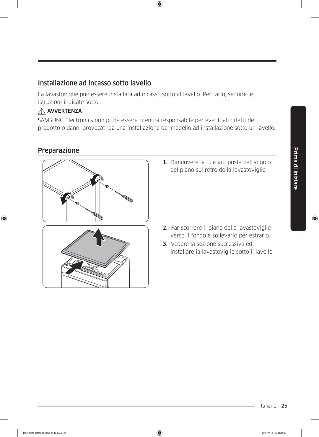 Samsung DW60M9550FW/EC, DW60M9550FS/EC manual Installazione ad incasso sotto lavello, Preparazione 