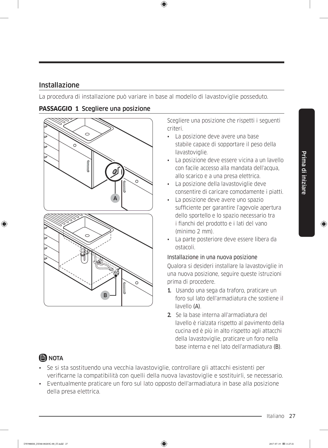 Samsung DW60M9550FW/EC, DW60M9550FS/EC manual Installazione, Passaggio 1 Scegliere una posizione 