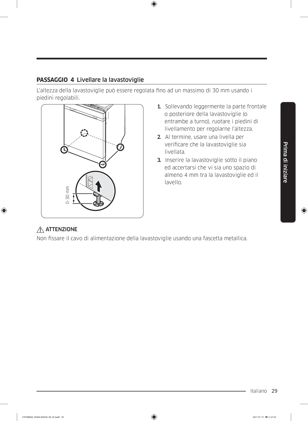 Samsung DW60M9550FW/EC, DW60M9550FS/EC manual Passaggio 4 Livellare la lavastoviglie 