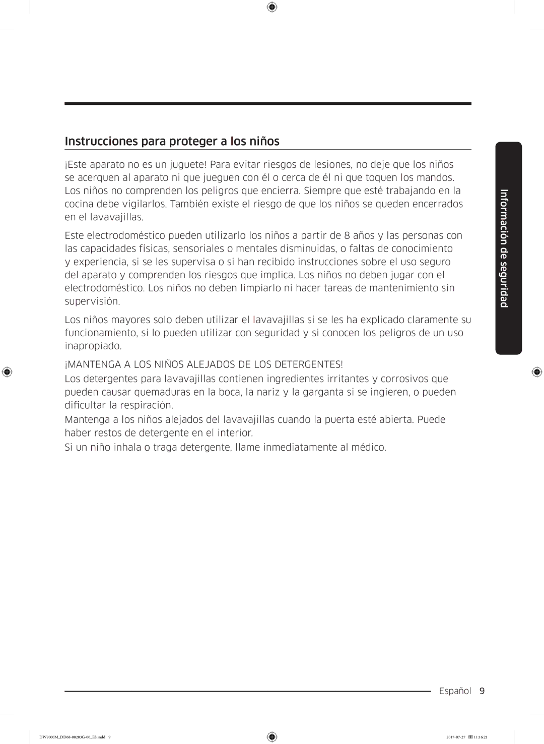 Samsung DW60M9550FW/EC manual Instrucciones para proteger a los niños, ¡MANTENGA a LOS Niños Alejados DE LOS Detergentes 