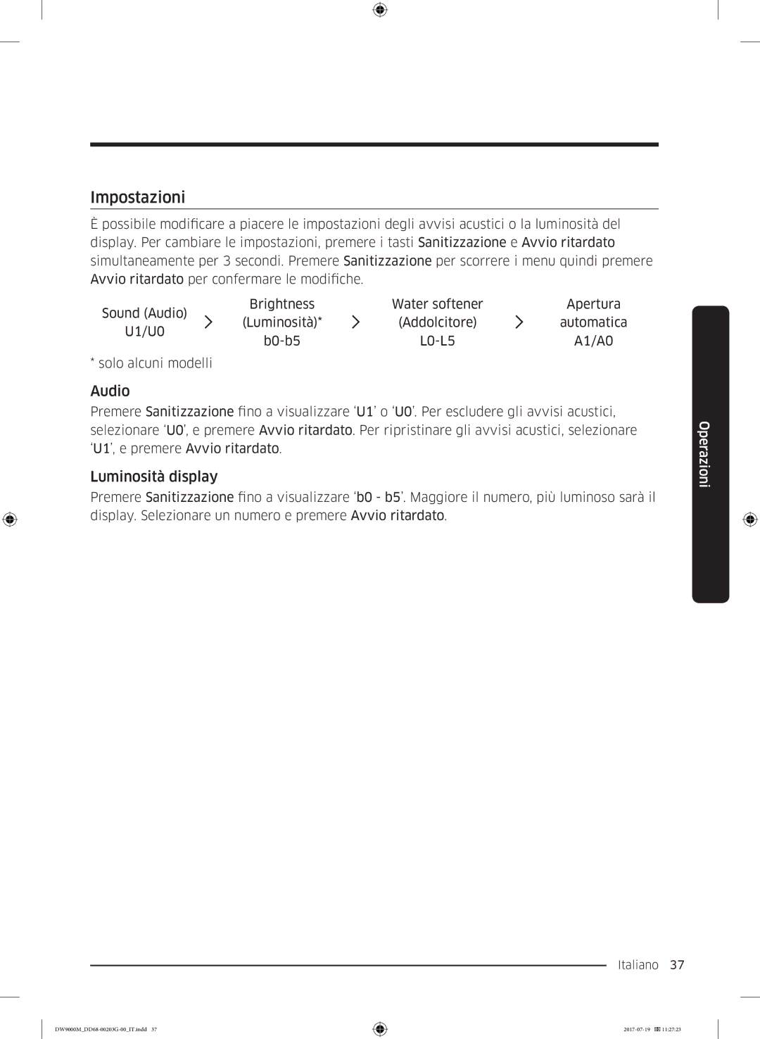 Samsung DW60M9550FW/EC, DW60M9550FS/EC manual Impostazioni, Audio, Luminosità display 