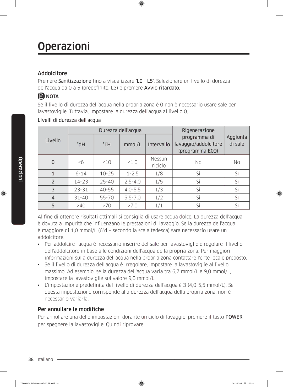 Samsung DW60M9550FS/EC, DW60M9550FW/EC manual Addolcitore, Per annullare le modifiche 