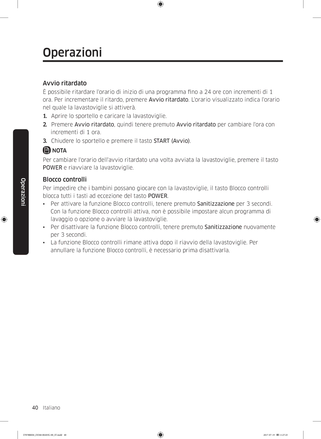 Samsung DW60M9550FS/EC, DW60M9550FW/EC manual Avvio ritardato, Blocco controlli 