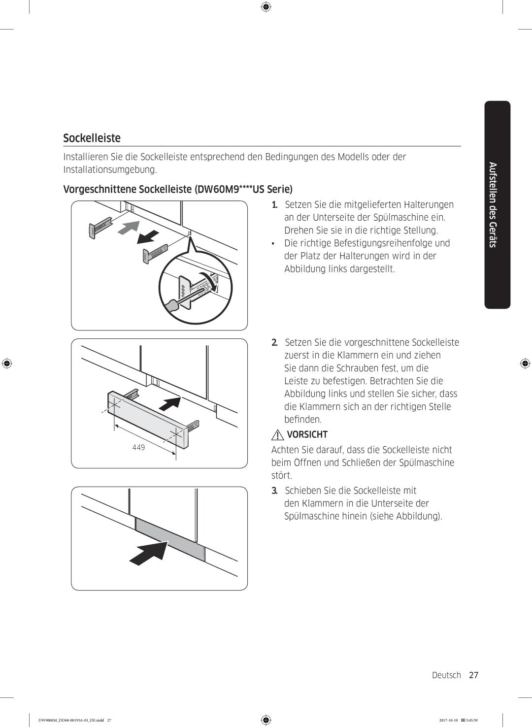 Samsung DW60M9970SS/EG, DW60M9550US/EG, DW60M9550SS/EG manual Vorgeschnittene Sockelleiste DW60M9****US Serie 