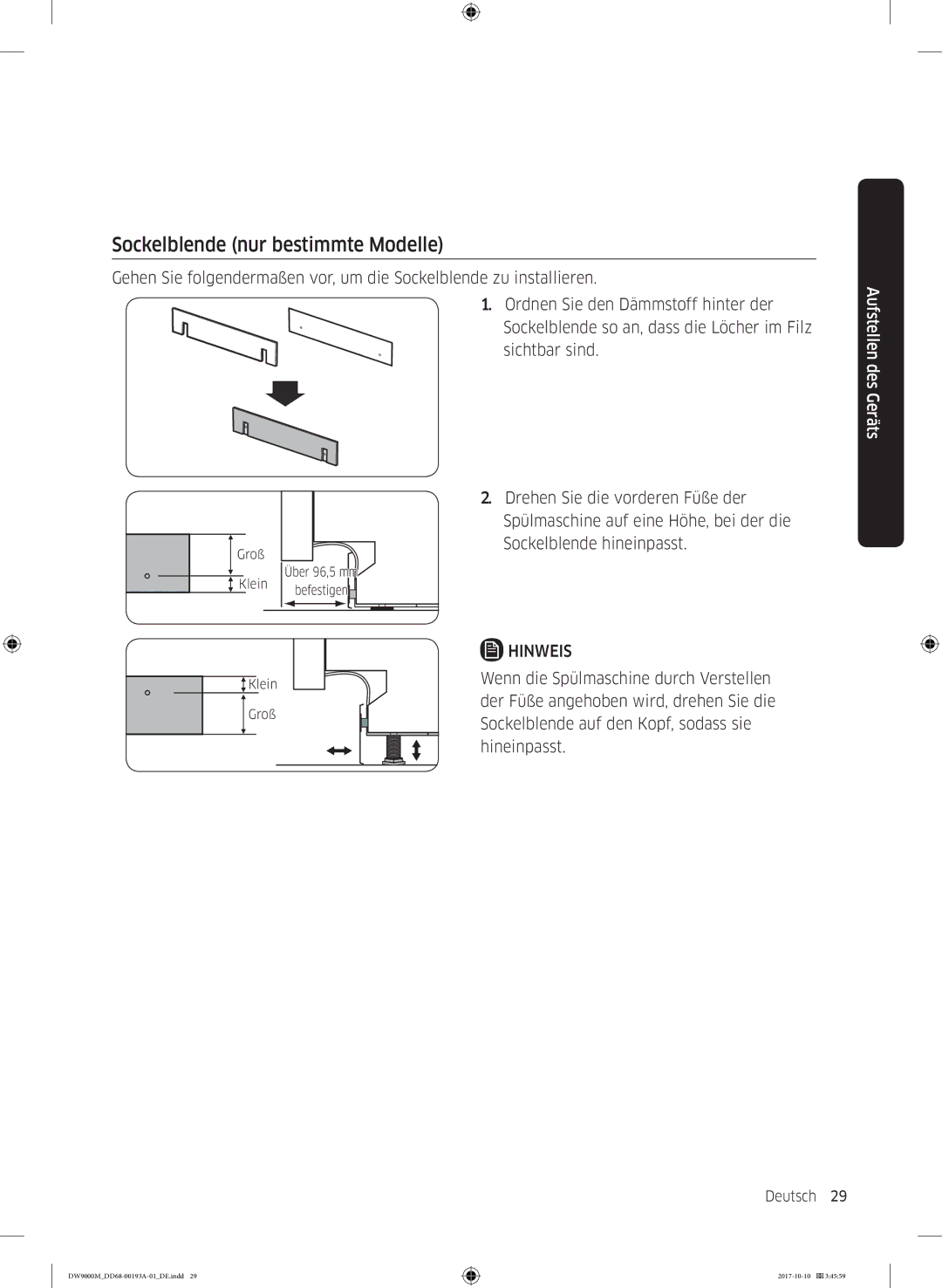 Samsung DW60M9550SS/EG, DW60M9970SS/EG, DW60M9550US/EG manual Sockelblende nur bestimmte Modelle 