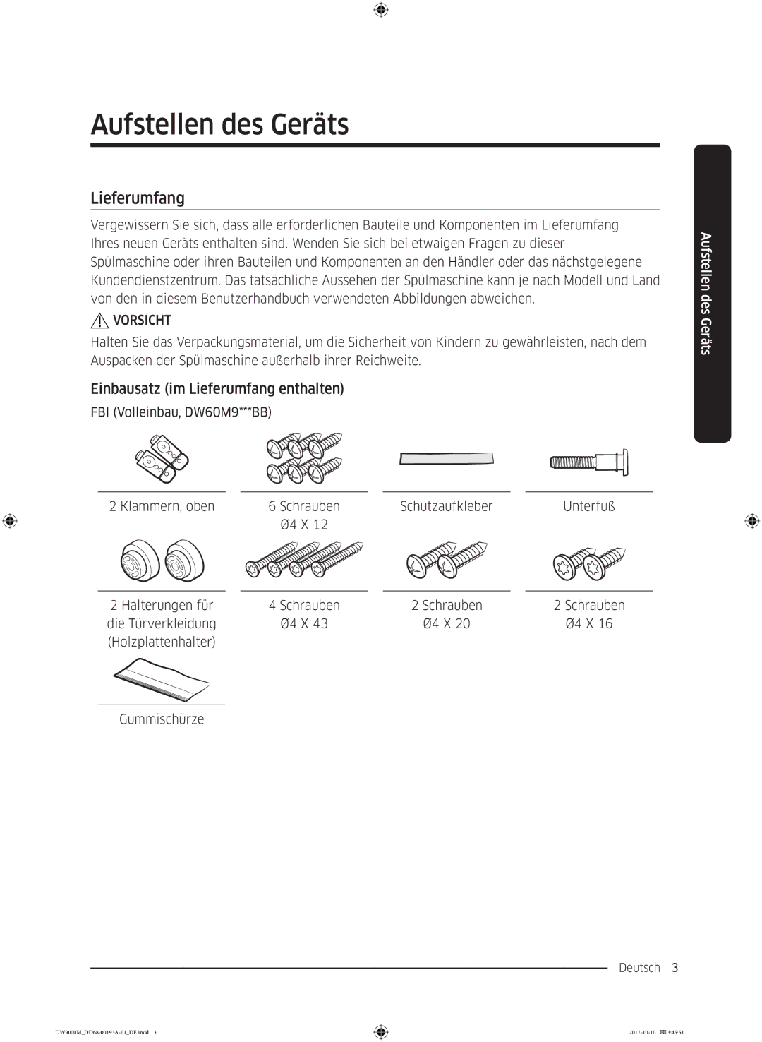 Samsung DW60M9970SS/EG, DW60M9550US/EG, DW60M9550SS/EG manual Einbausatz im Lieferumfang enthalten 