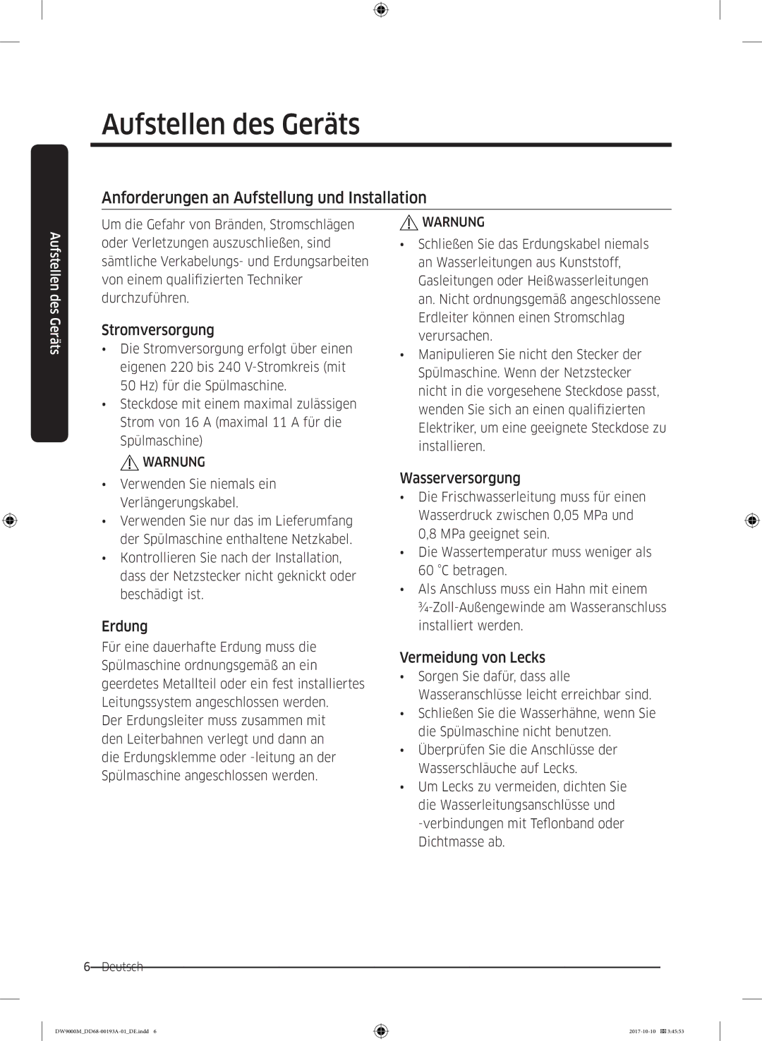 Samsung DW60M9970SS/EG manual Anforderungen an Aufstellung und Installation, Stromversorgung, Erdung, Wasserversorgung 