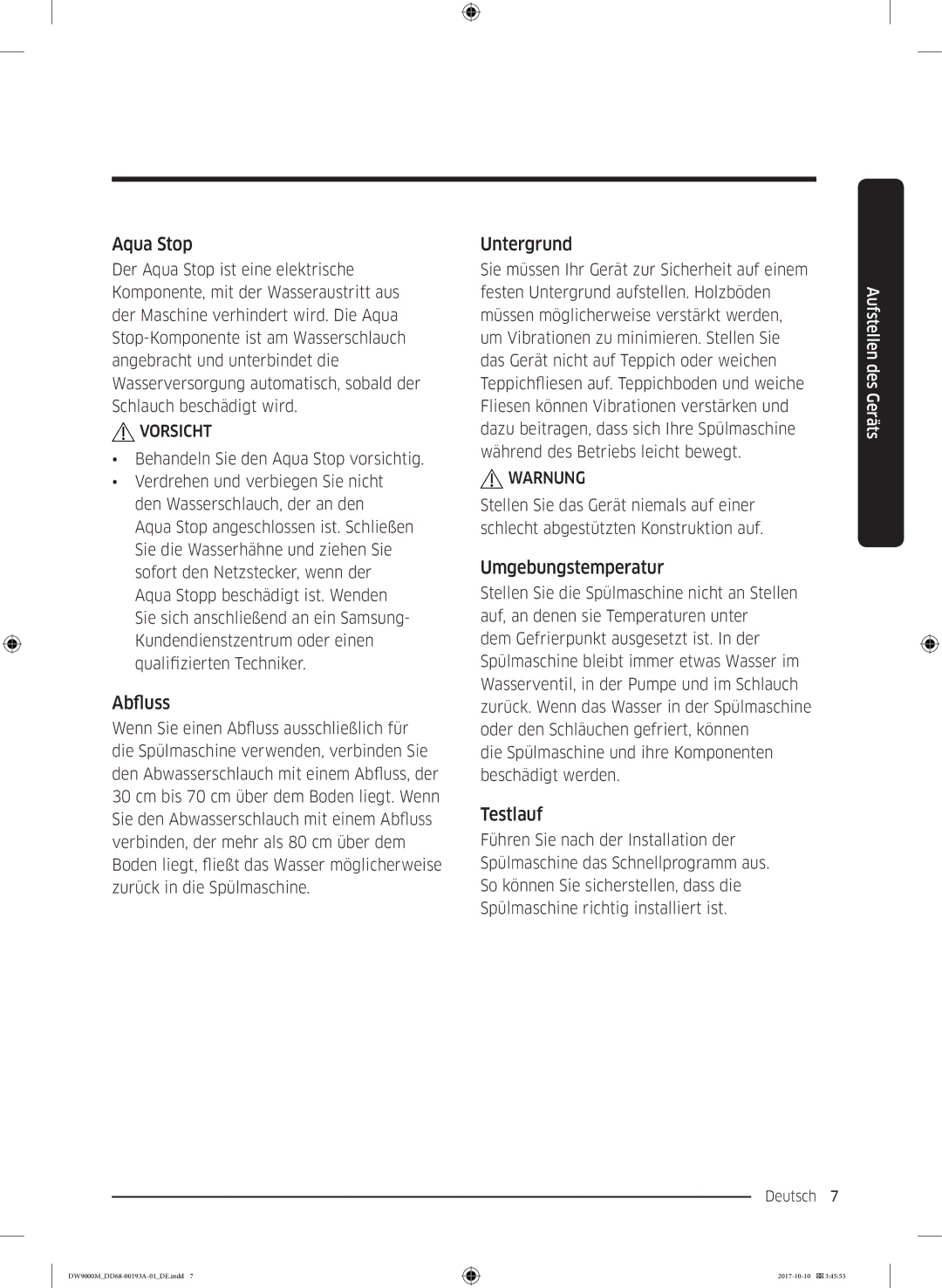 Samsung DW60M9550US/EG, DW60M9970SS/EG, DW60M9550SS/EG manual Aqua Stop, Abfluss, Untergrund, Umgebungstemperatur, Testlauf 