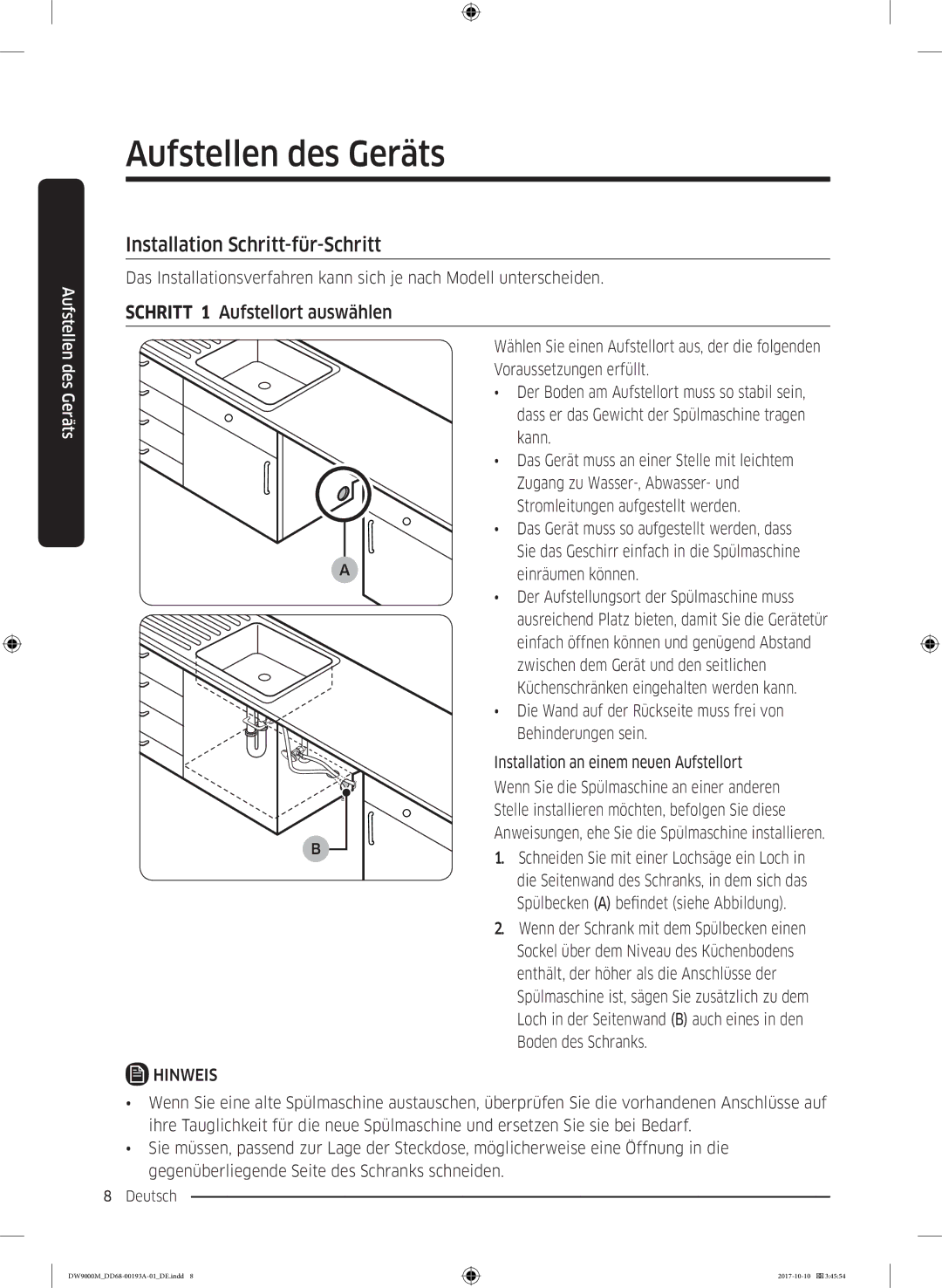 Samsung DW60M9550SS/EG, DW60M9970SS/EG, DW60M9550US/EG Installation Schritt-für-Schritt, Schritt 1 Aufstellort auswählen 