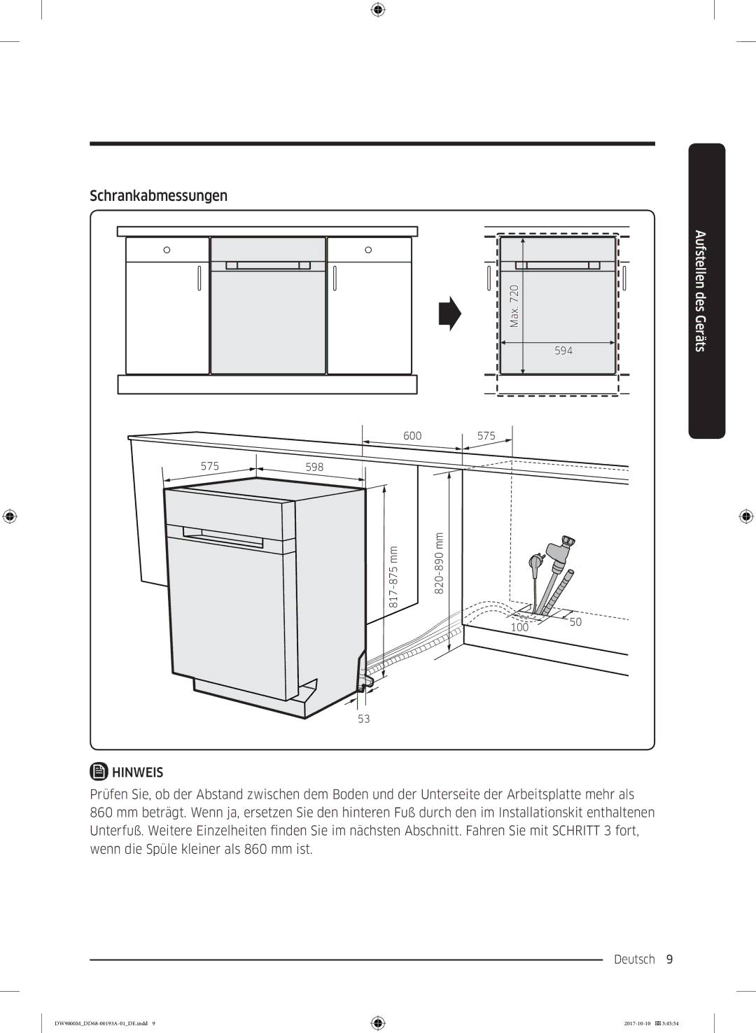 Samsung DW60M9970SS/EG, DW60M9550US/EG, DW60M9550SS/EG manual Schrankabmessungen 