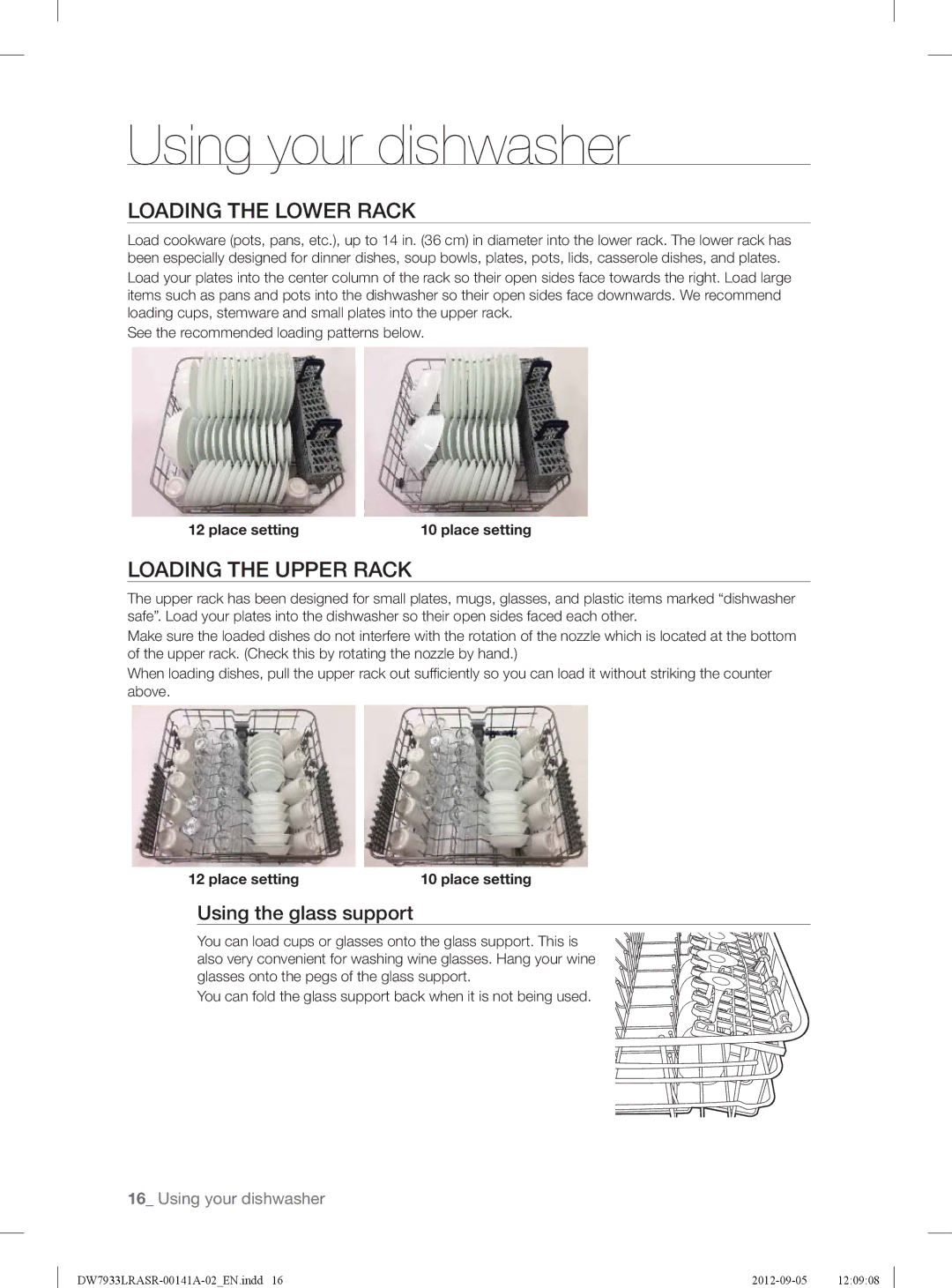 Samsung DW7933LRAWW, DW7933LRASRAA Loading the Lower Rack, Loading the Upper Rack, Using the glass support, Place setting 