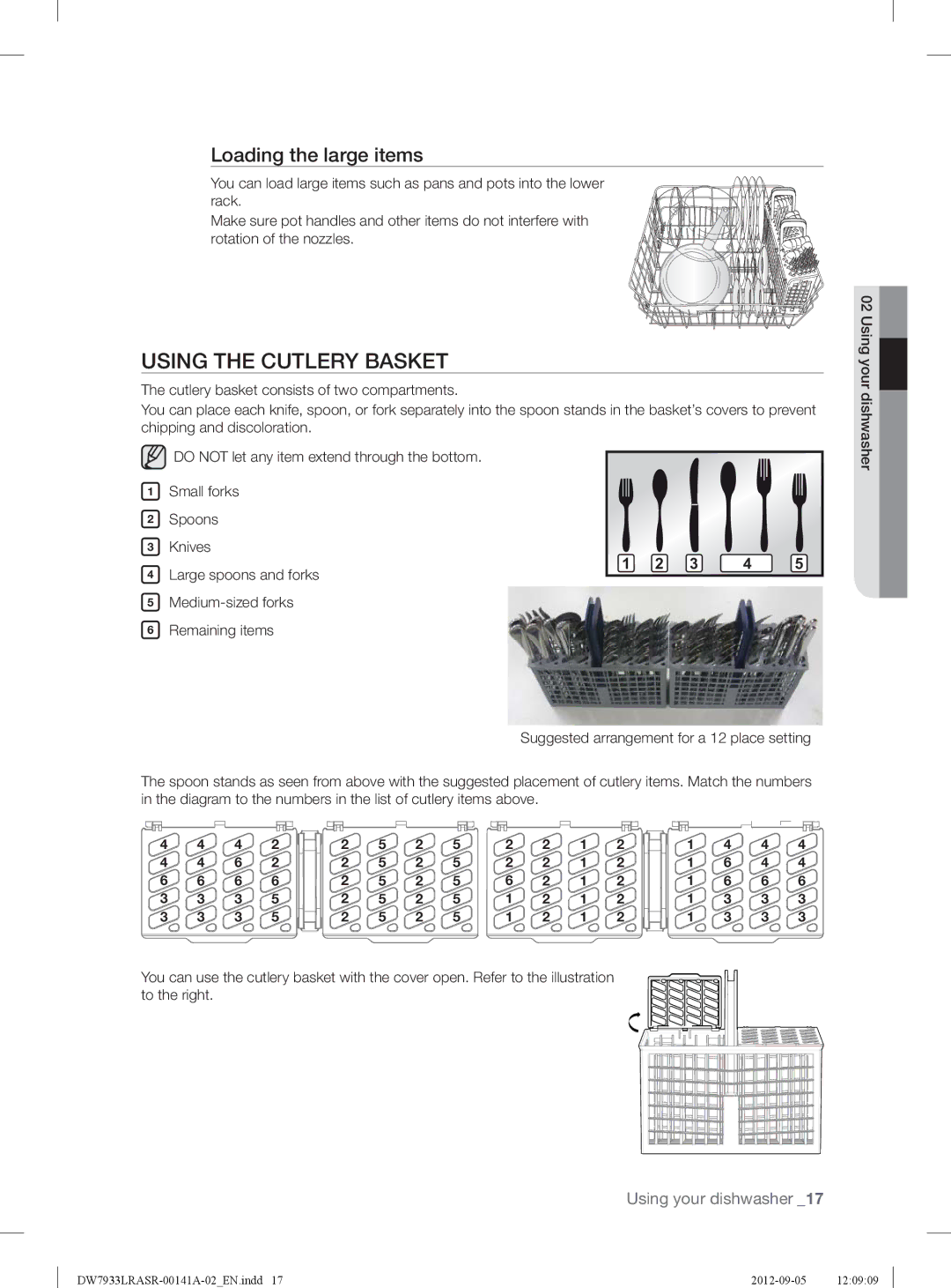 Samsung DW7933LRABBAA, DW7933LRASRAA, DW7933LRAWWAA user manual Using the Cutlery Basket, Loading the large items, 3 4 