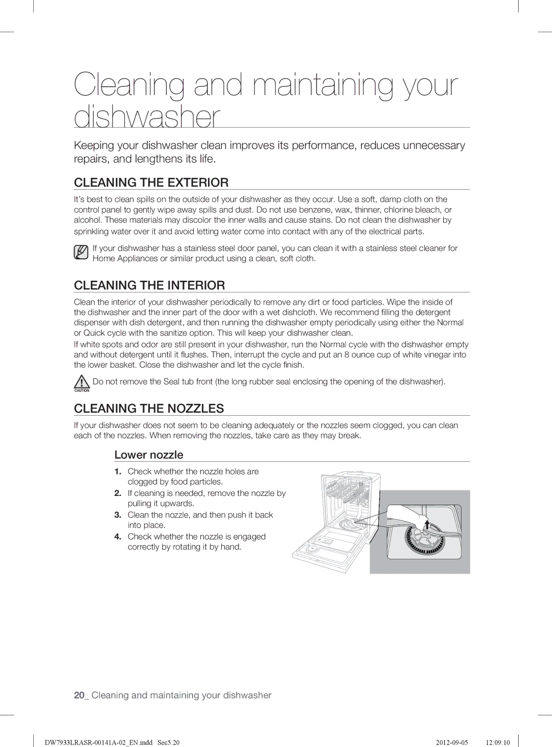 Samsung DW7933LRASR Cleaning and maintaining your dishwasher, Cleaning the Exterior, Cleaning the Interior, Lower nozzle 