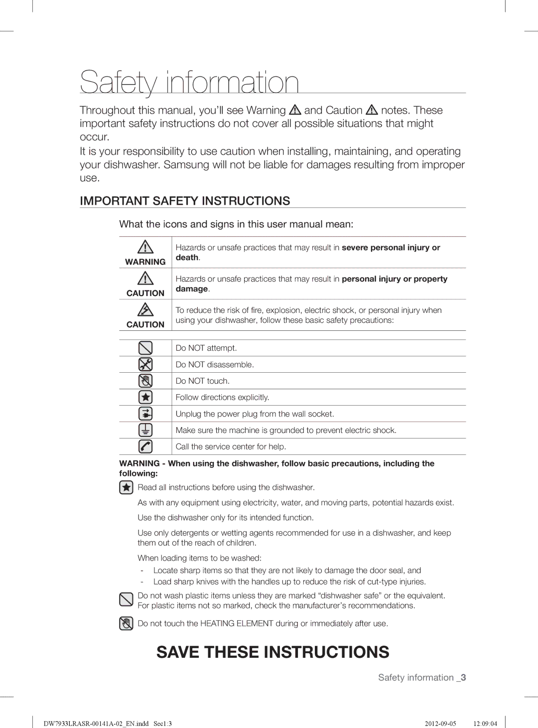 Samsung DW7933LRABB, DW7933LRASRAA, DW7933LRAWWAA Safety information, Important Safety Instructions, Death, Damage 