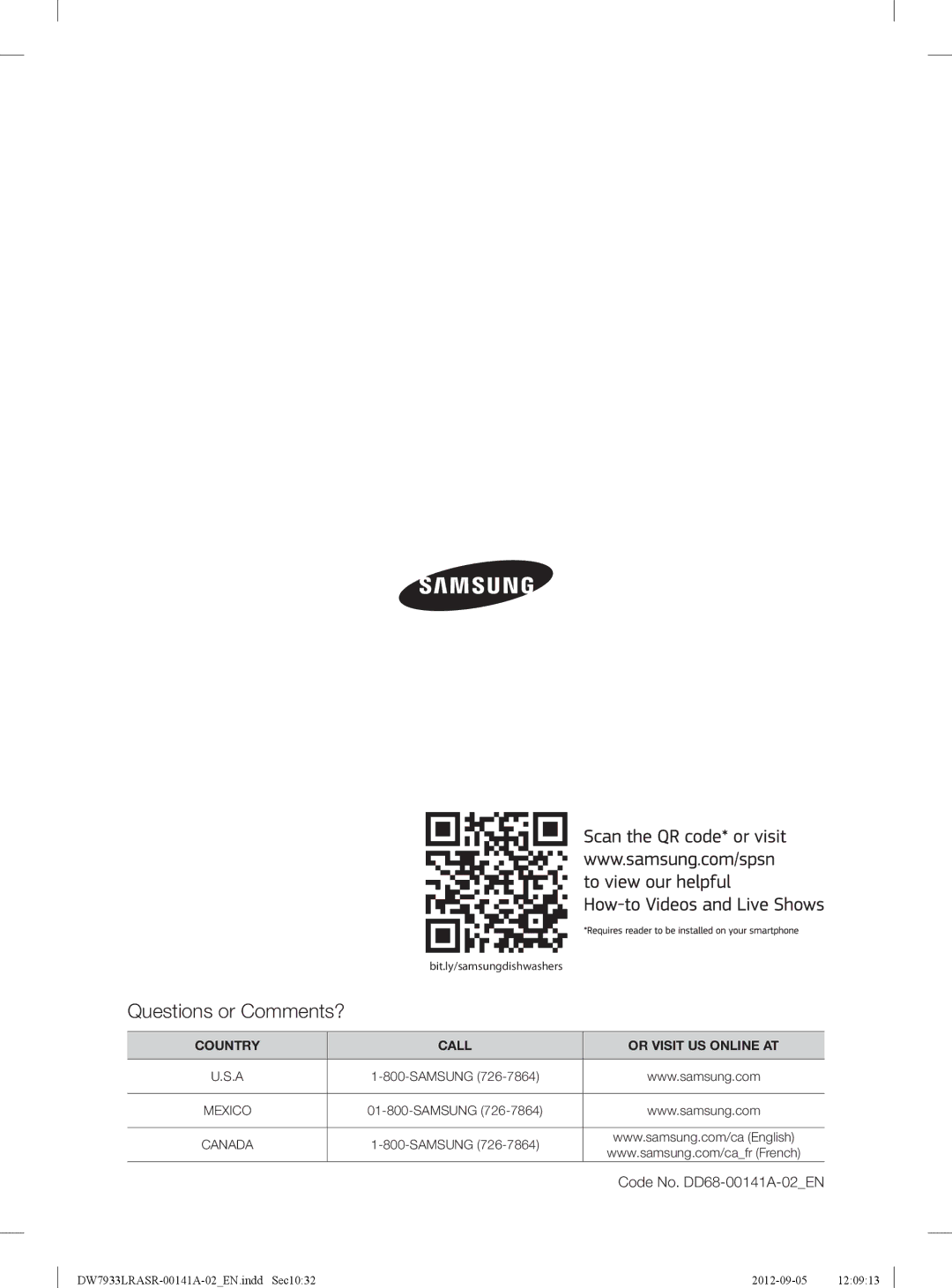 Samsung DW7933LRASRAA, DW7933LRAWWAA, DW7933LRABB user manual Questions or Comments?, Country Call Or Visit US Online AT 