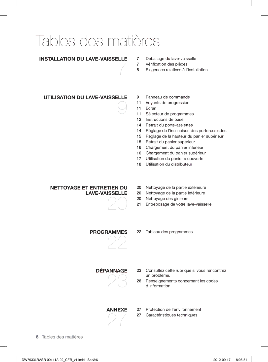 Samsung DW7933LRASRAA, DW7933LRAWWAA, DW7933LRABBAA user manual Tables des matières 