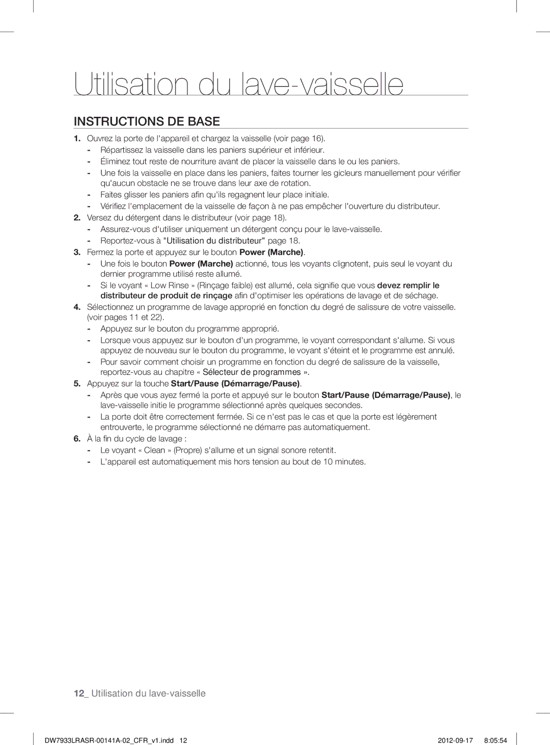 Samsung DW7933LRASRAA, DW7933LRAWWAA user manual Instructions DE Base, Appuyez sur la touche Start/Pause Démarrage/Pause 