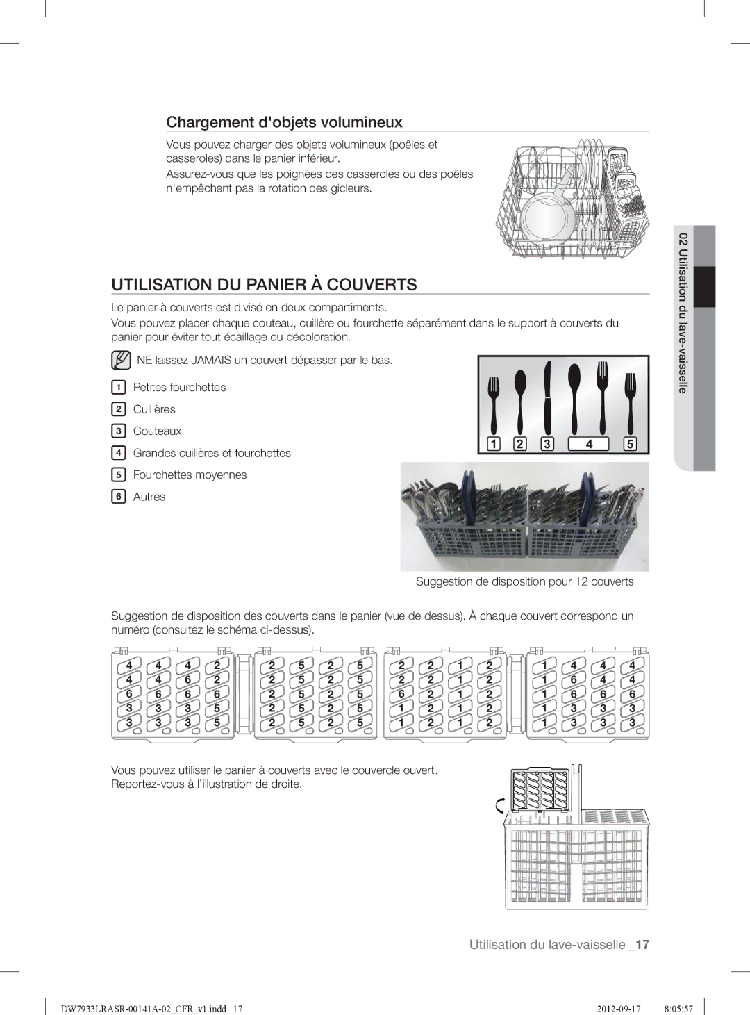 Samsung DW7933LRAWWAA, DW7933LRASRAA, DW7933LRABB user manual Utilisation DU Panier À Couverts, Chargement dobjets volumineux 