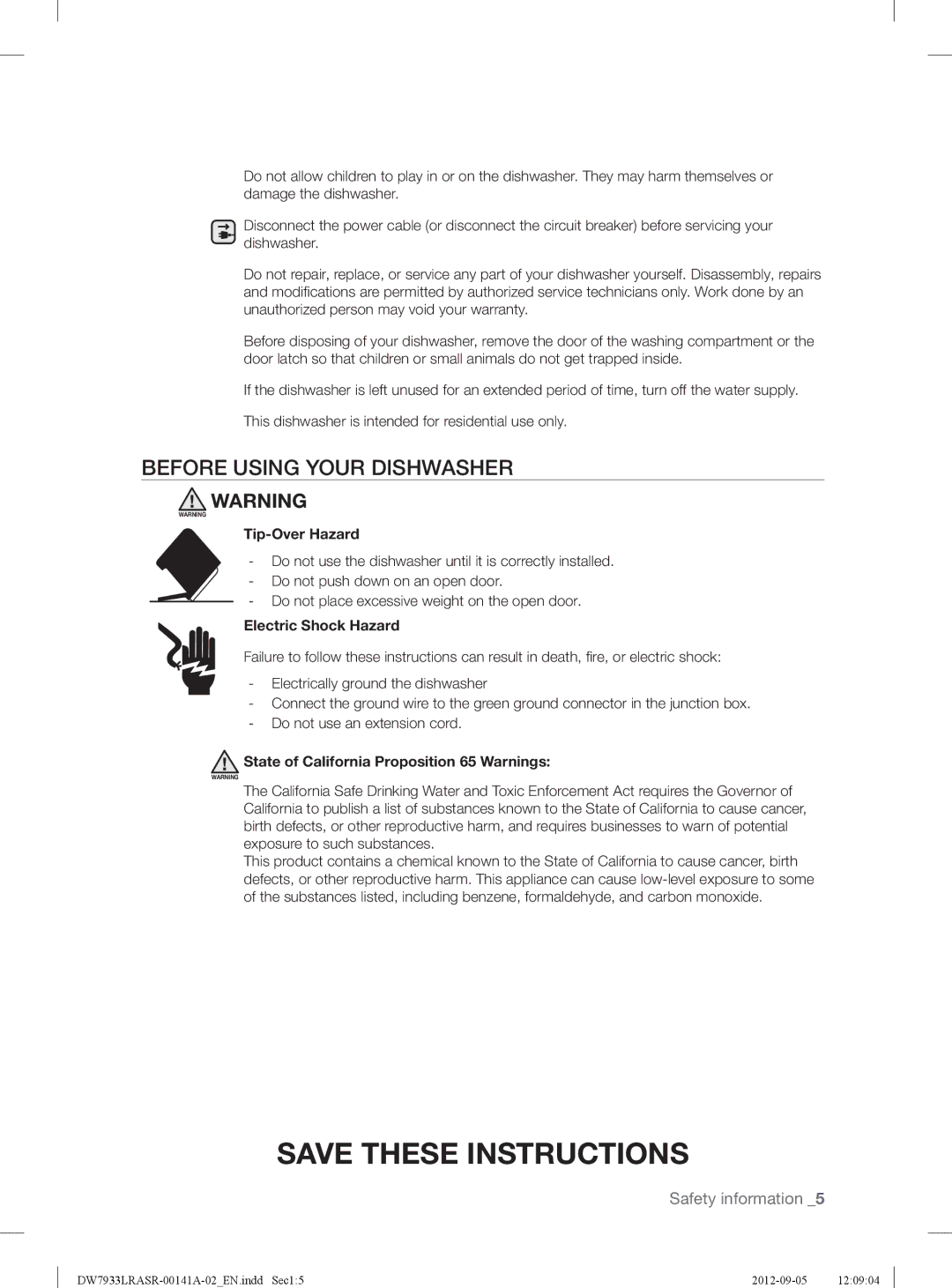 Samsung DW7933LRABBAA, DW7933LRASRAA, DW7933LRAWWAA Before Using Your Dishwasher, Tip-Over Hazard, Electric Shock Hazard 