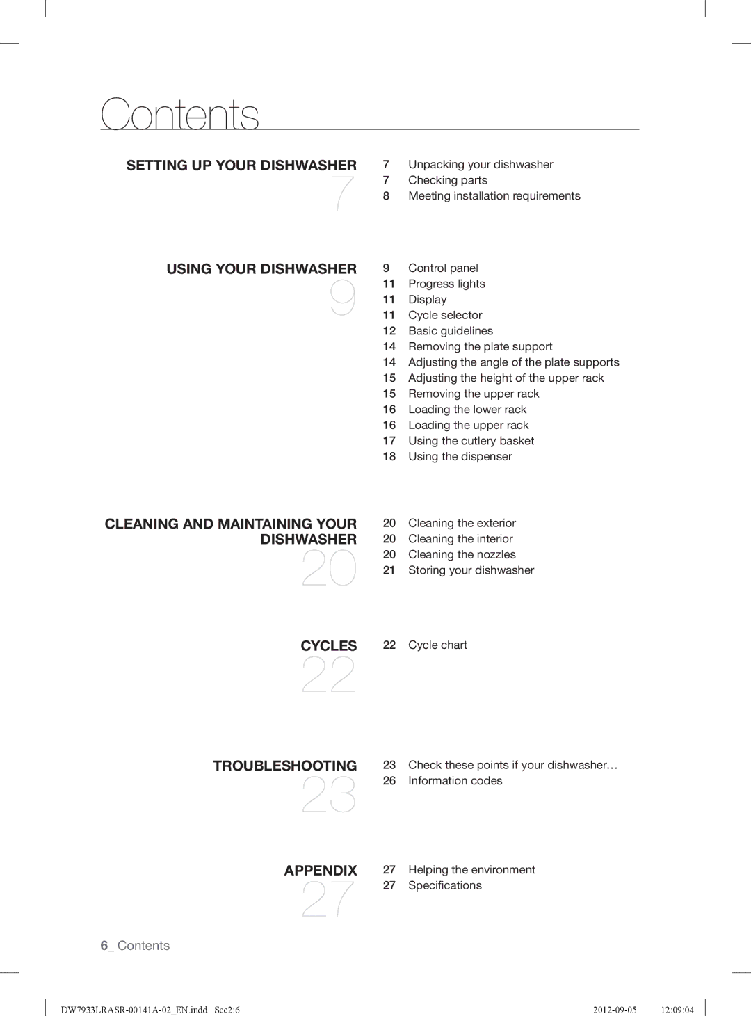 Samsung DW7933LRASRAA, DW7933LRAWWAA, DW7933LRABBAA user manual Contents 