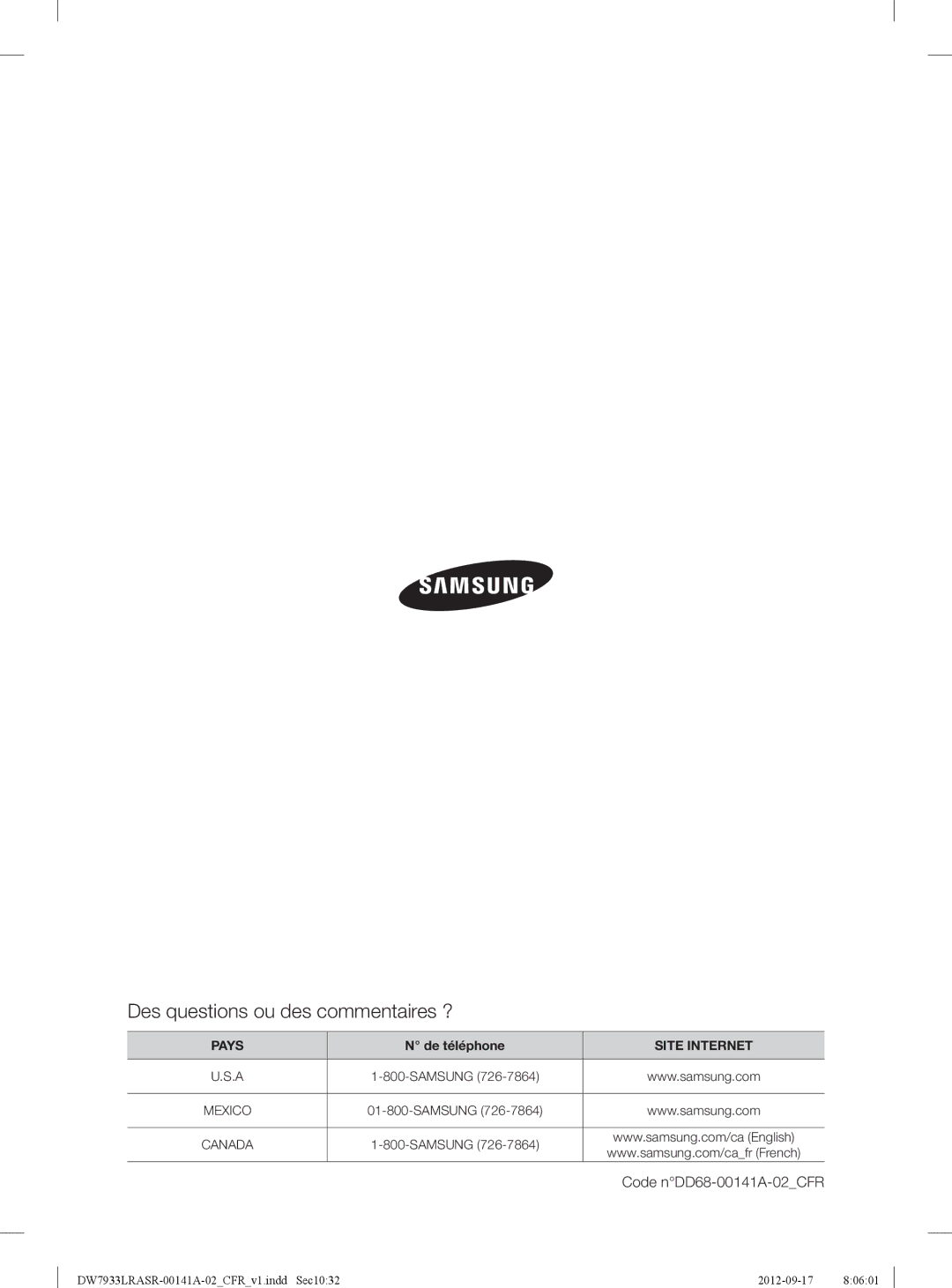 Samsung DW7933LRASRAA, DW7933LRAWWAA, DW7933LRABBAA user manual Des questions ou des commentaires ?, Site Internet 