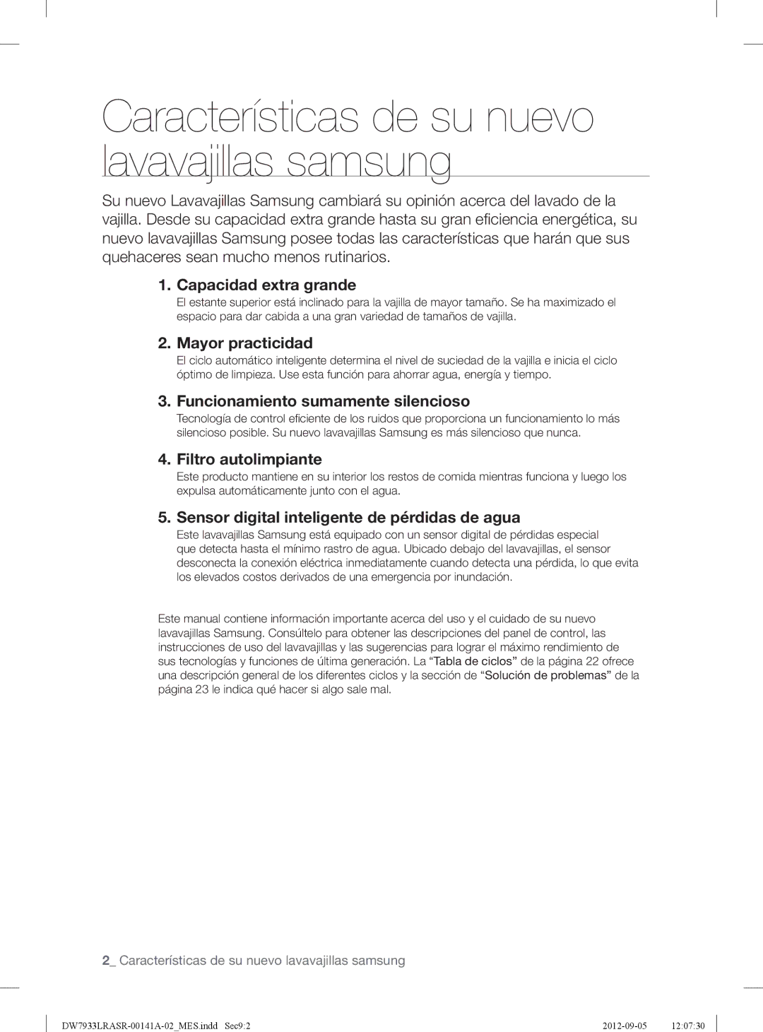 Samsung DW7933LRASRAA, DW7933LRAWWAA, DW7933LRABBAA user manual Características de su nuevo lavavajillas samsung 