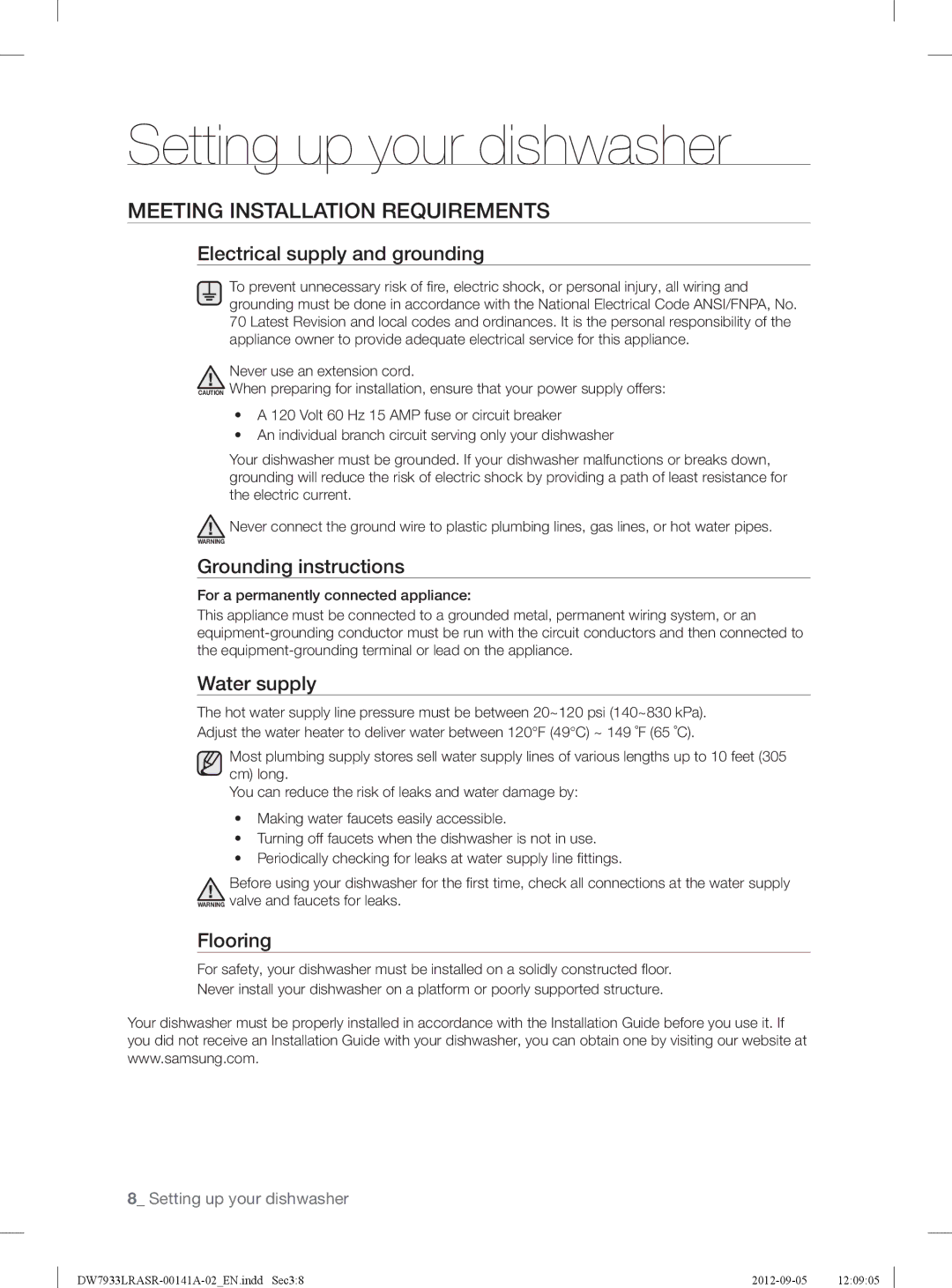 Samsung DW7933LRASR Meeting Installation Requirements, Electrical supply and grounding, Grounding instructions, Flooring 